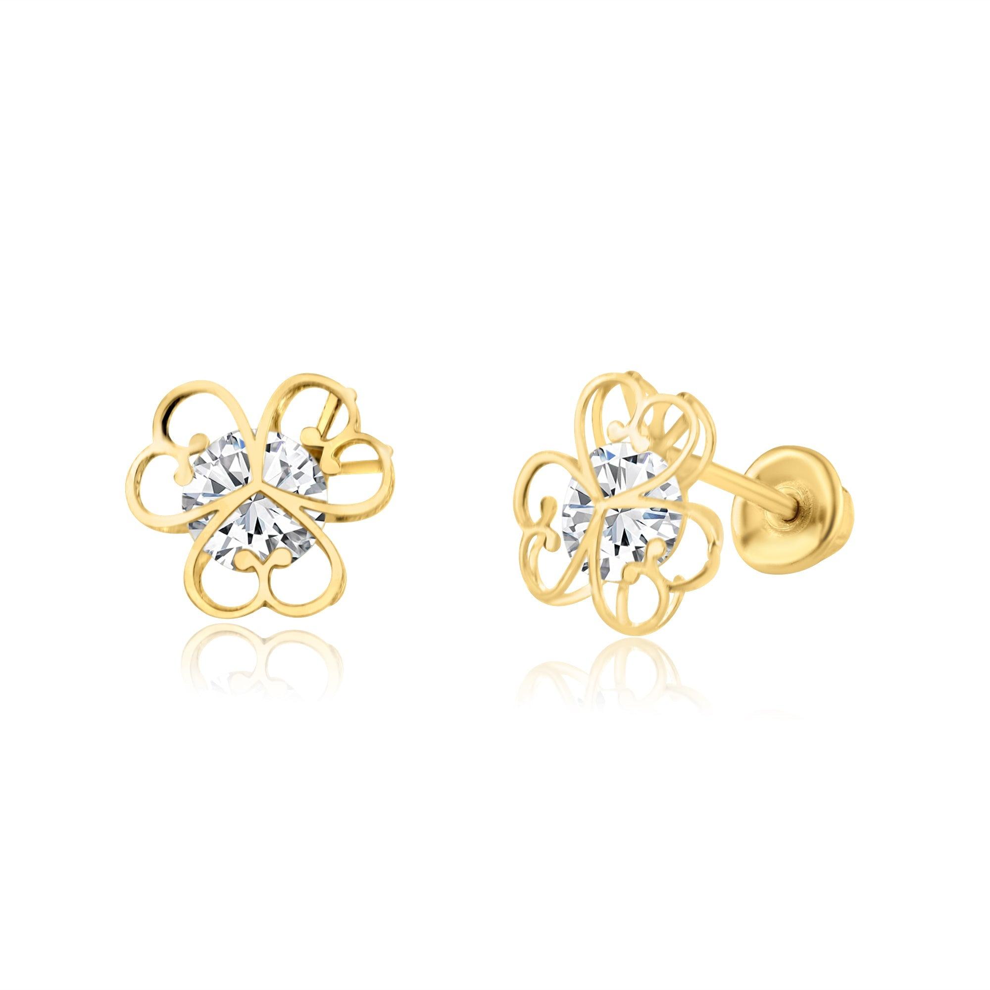 14E00212. - 14 Karat Yellow Gold CZ Flower Screw Back Earring