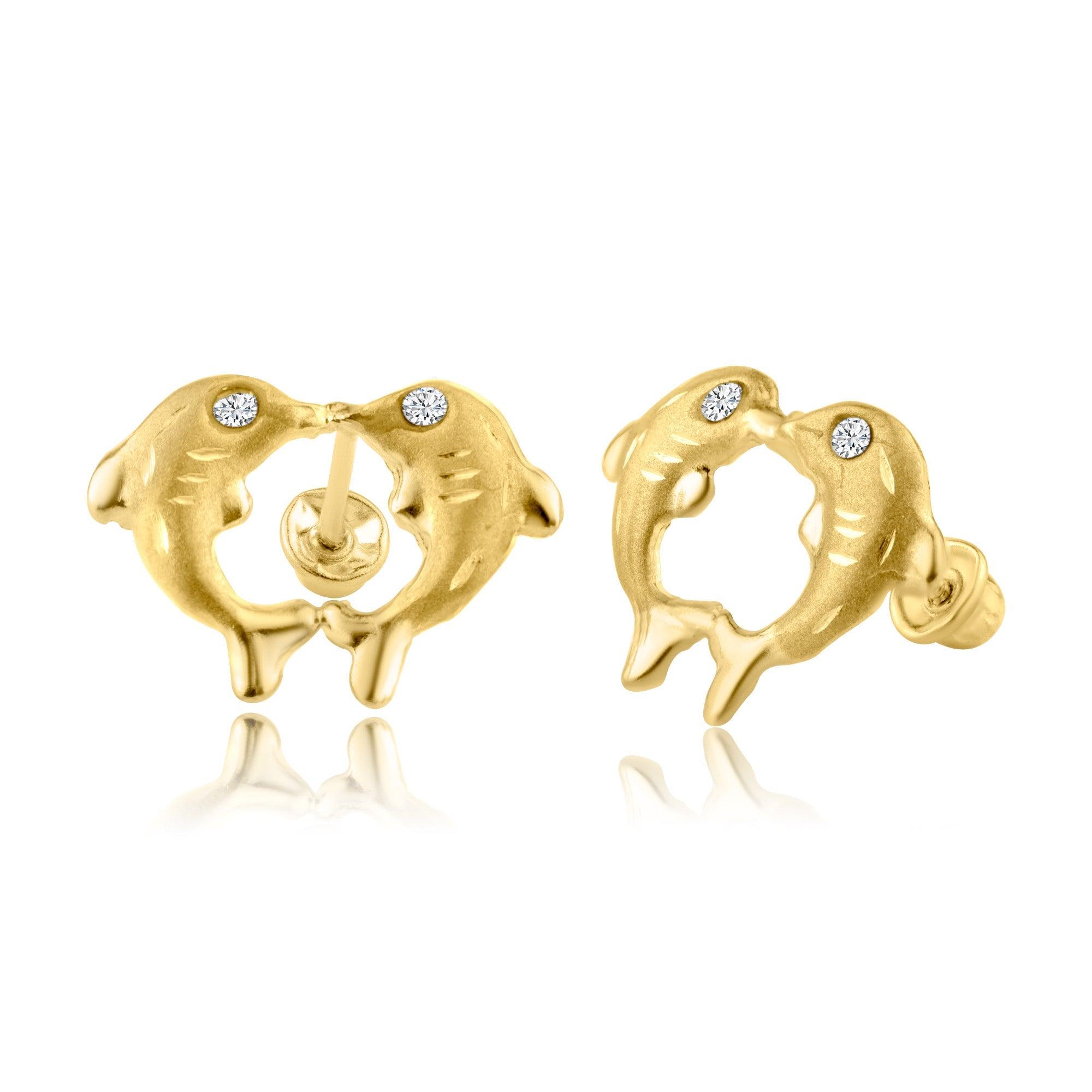 14E00214. - 14 Karat Yellow Gold CZ Kissing Dolphin Screw Back Earring