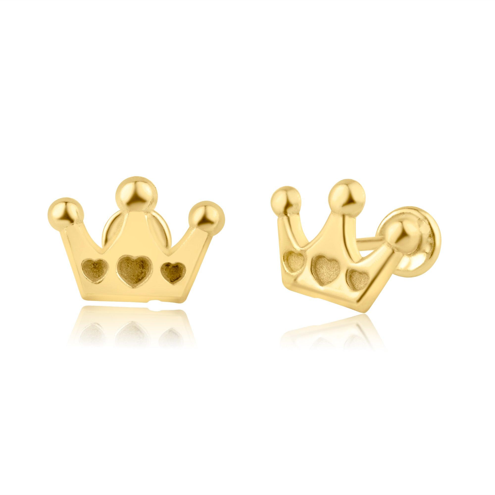 14E00216. - 14 Karat Yellow Gold Heart Crown Screw Back Earring