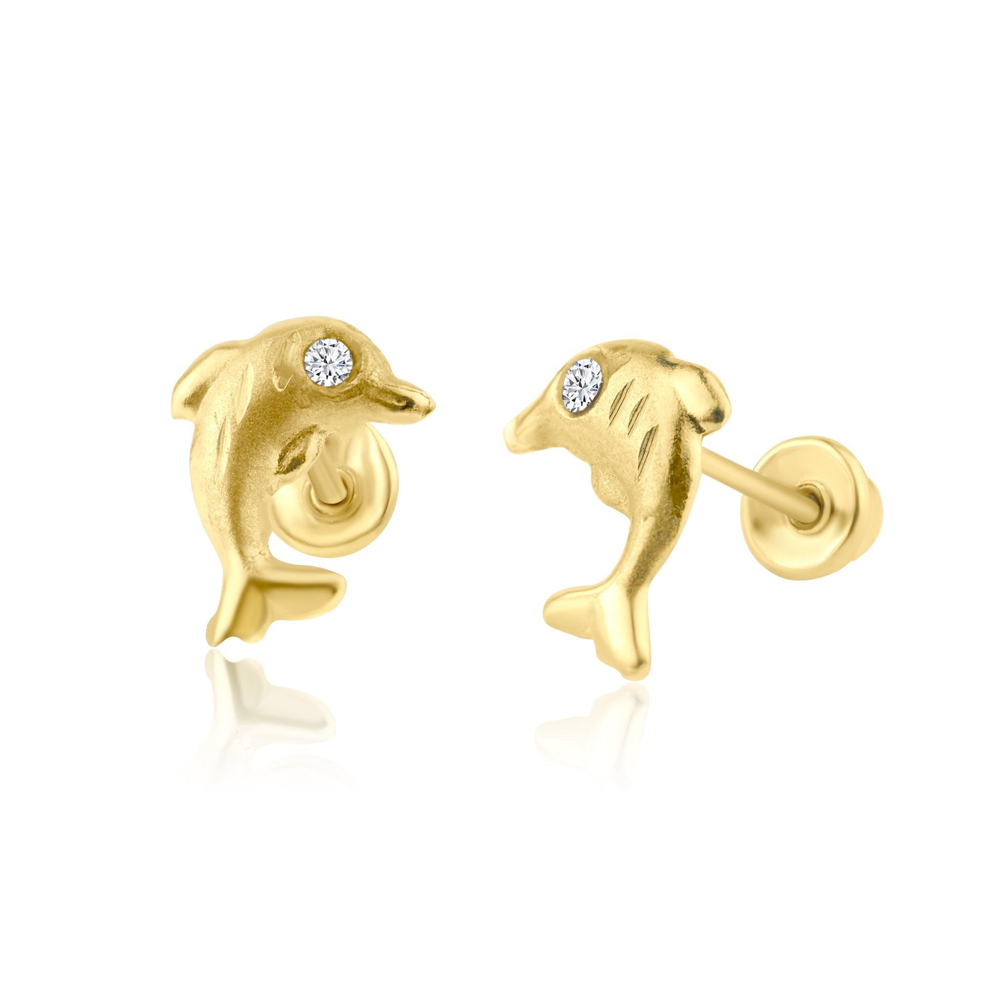 14E00217. - 14 Karat Yellow Gold CZ Dolphin Screw Back Earring