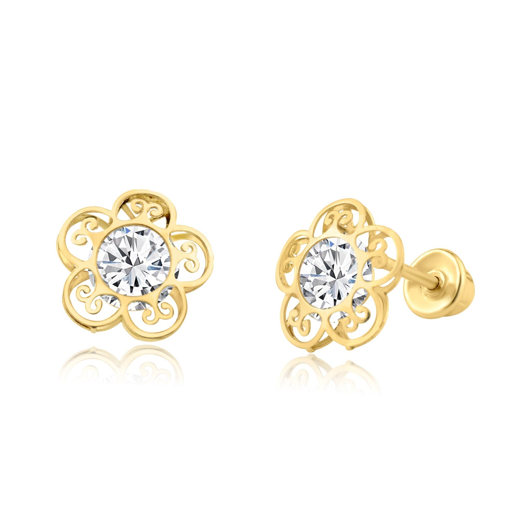 14E00219. - 14 Karat Yellow Gold CZ Flower Screw Back Earring