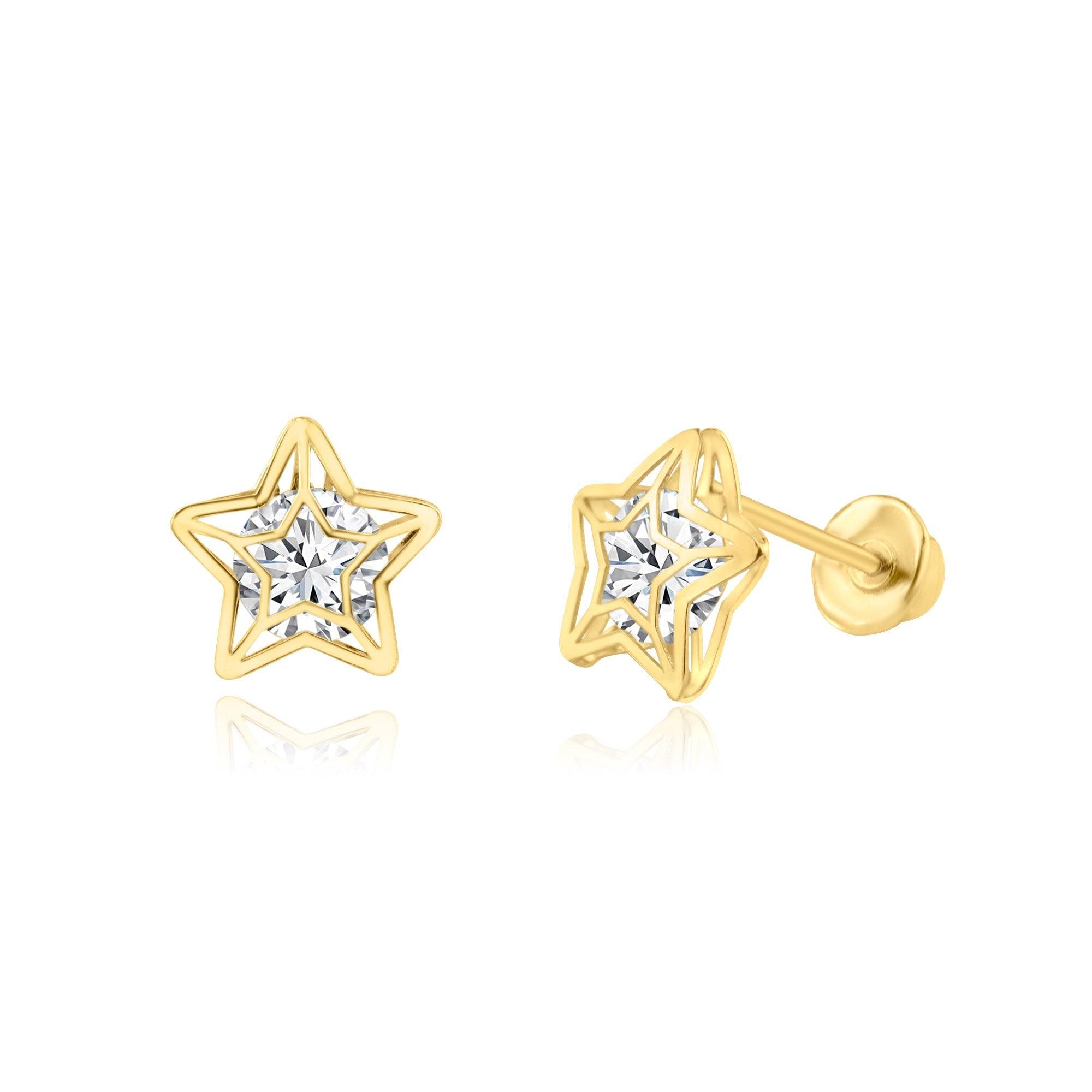 14E00220. - 14 Karat Yellow Gold CZ Star Screw Back Earring