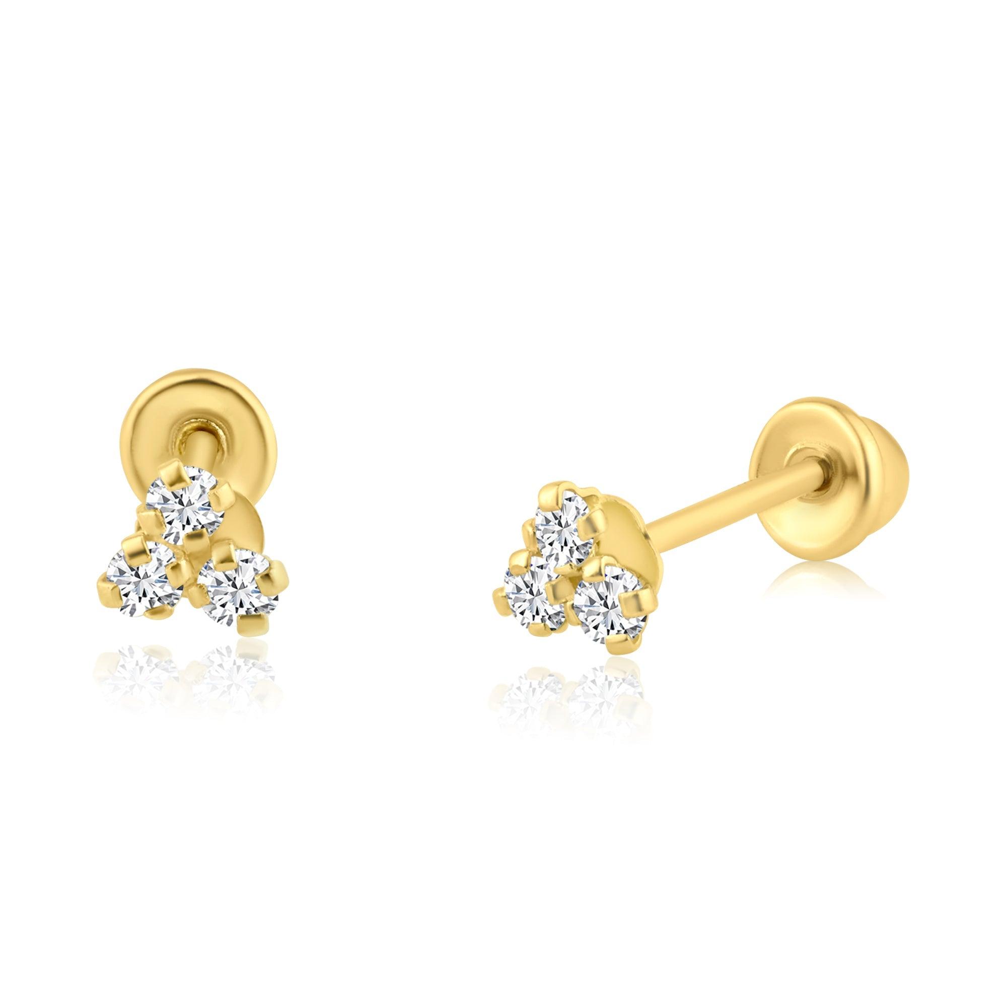 14E00221. - 14 Karat Yellow Gold 3 CZ Stud Screw Back Earring