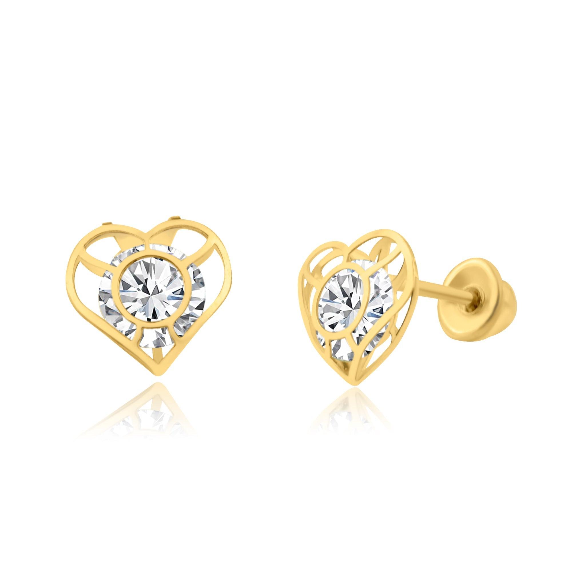 14E00225. - 14 Karat Yellow Gold CZ Heart Screw Back Earring