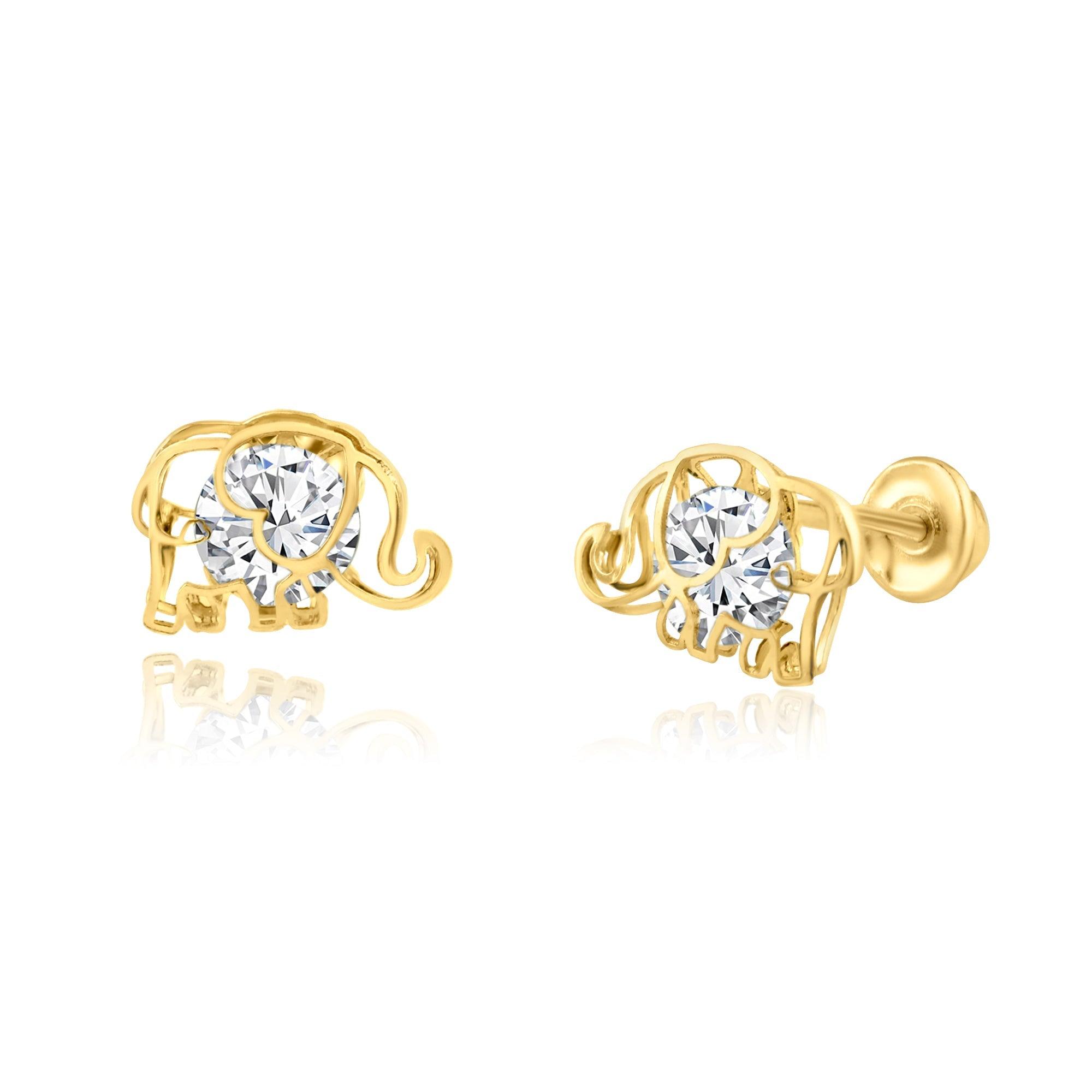 14E00226. - 14 Karat Yellow Gold CZ Elephant Screw Back Earring