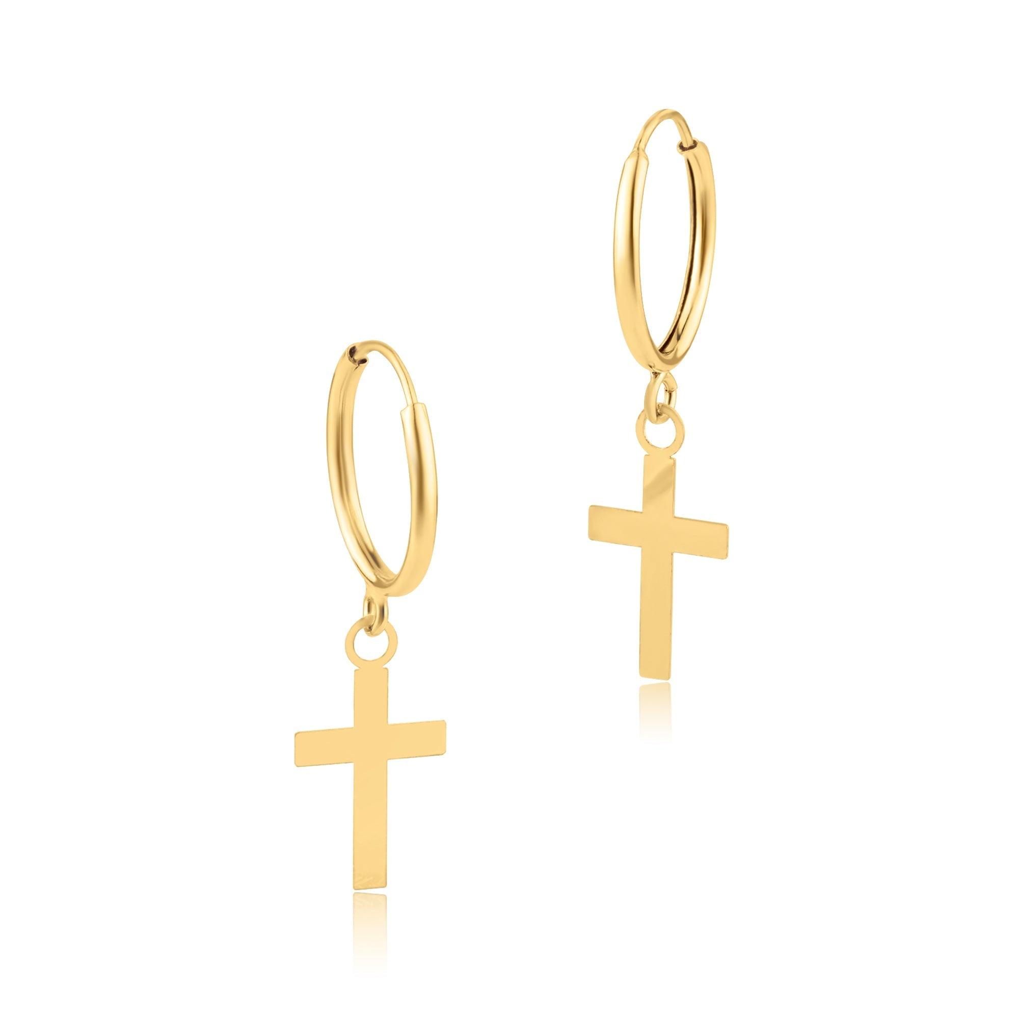 14E00227. - 14 Karat Yellow Gold Dangling Cross Huggie Earring
