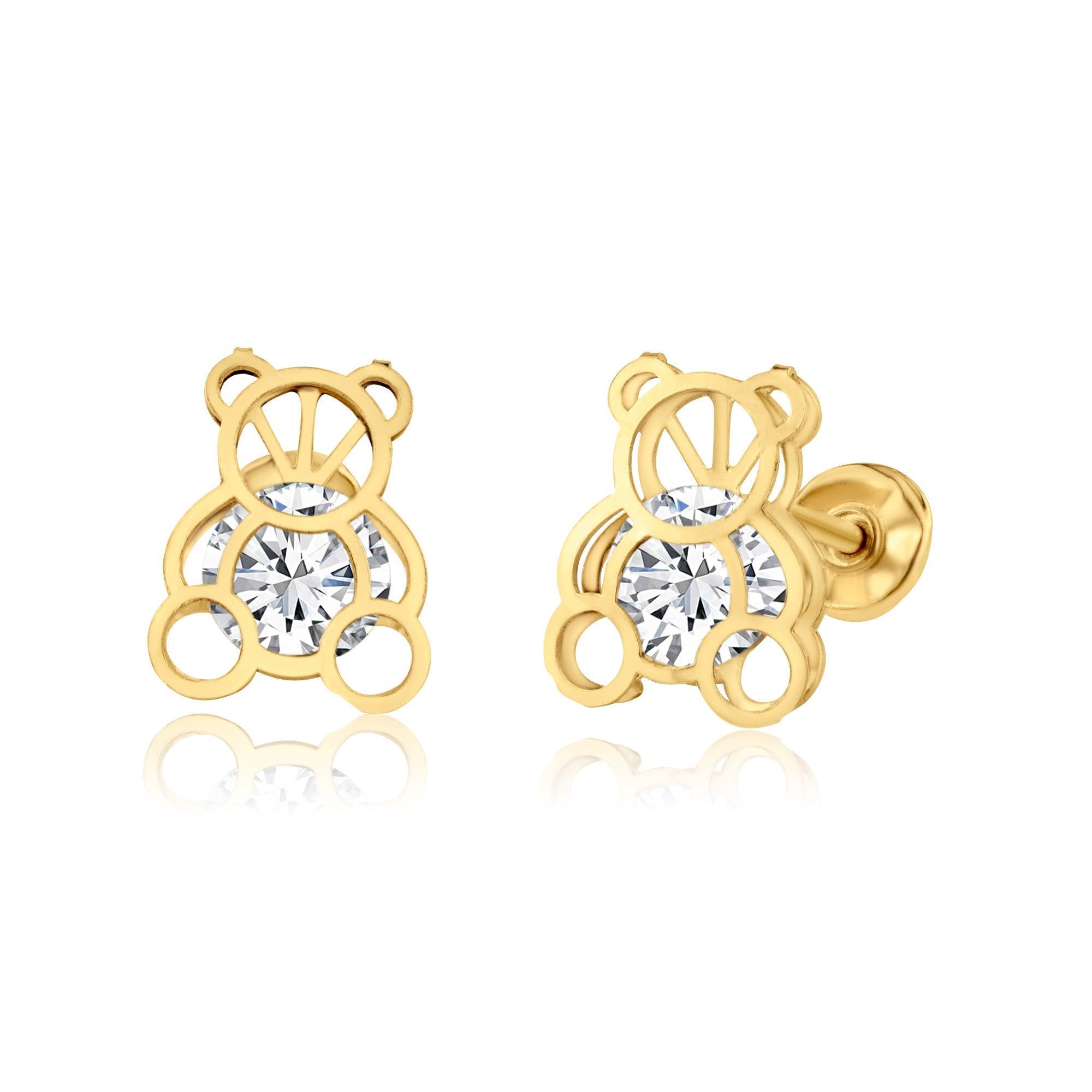 14E00228. - 14 Karat Yellow Gold CZ Bear Screw Back Earring