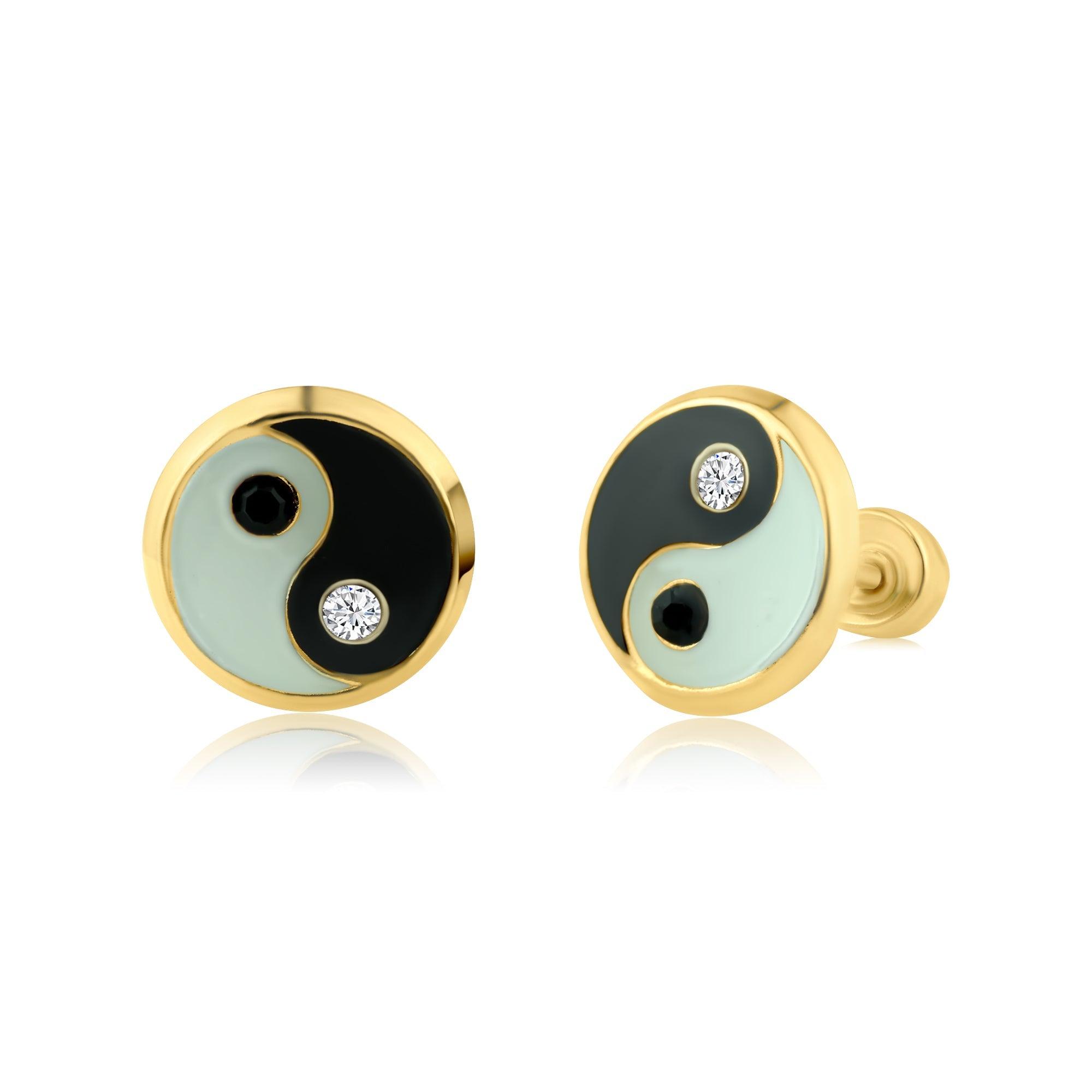 14E00229. - 14 Karat Yellow Gold YinYang Enamel Screw Back Earring