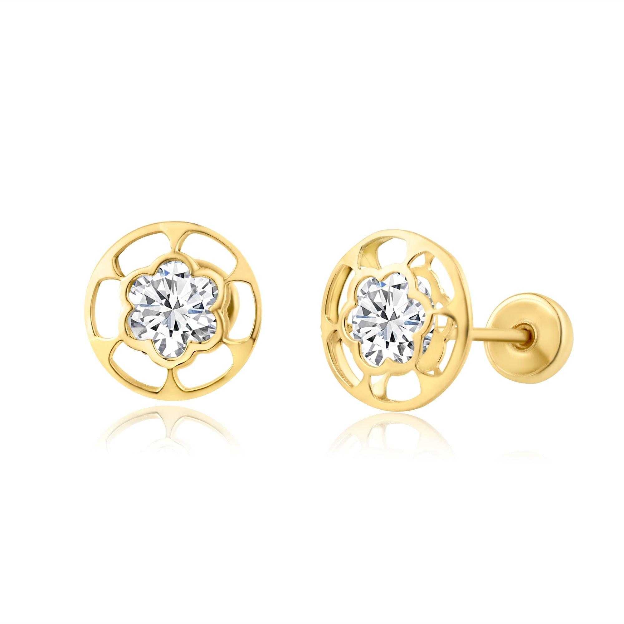 14E00230. - 14 Karat Yellow Gold CZ Flower Screw Back Earring