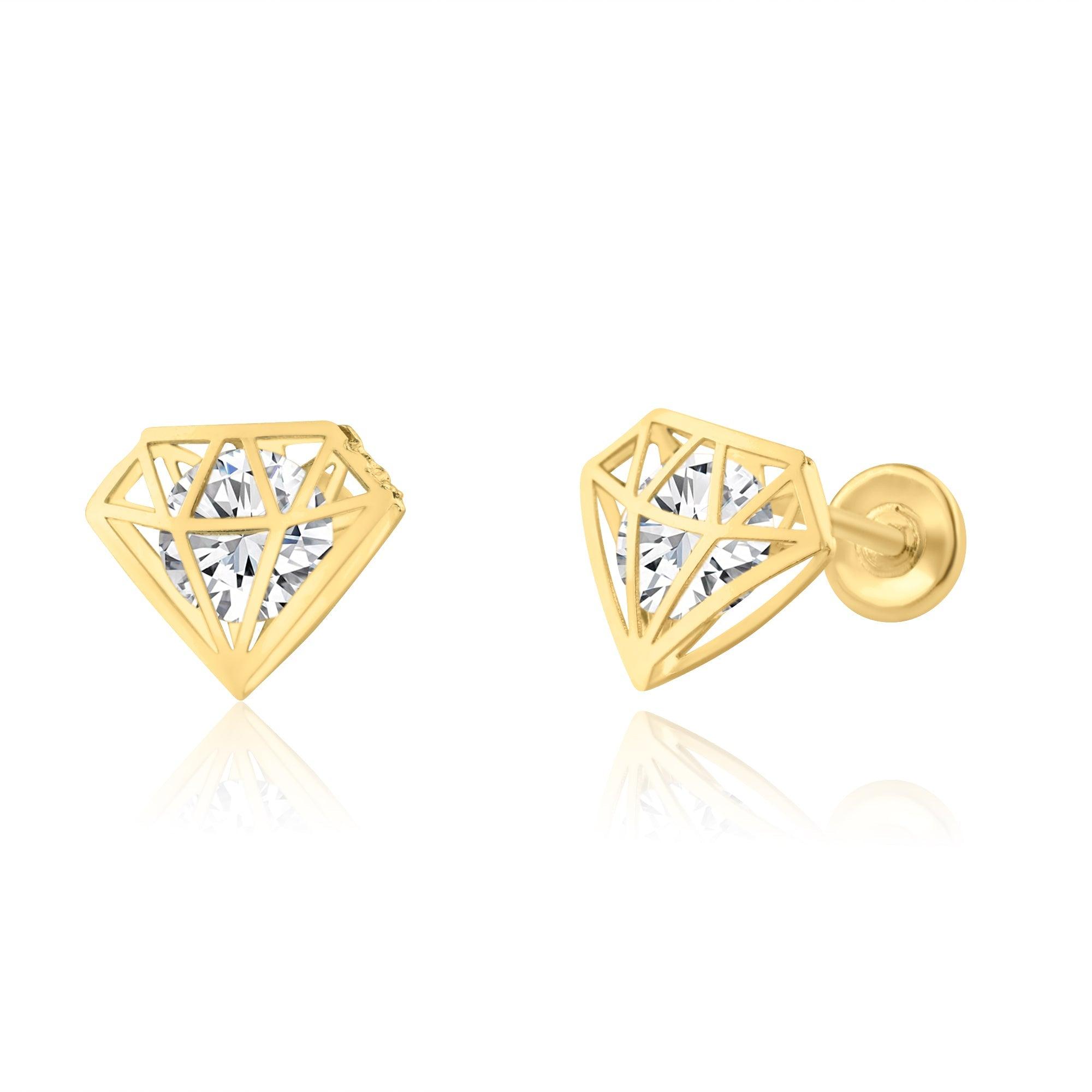 14E00233. - 14 Karat Yellow Gold CZ Diamond Design Screw Back Earring