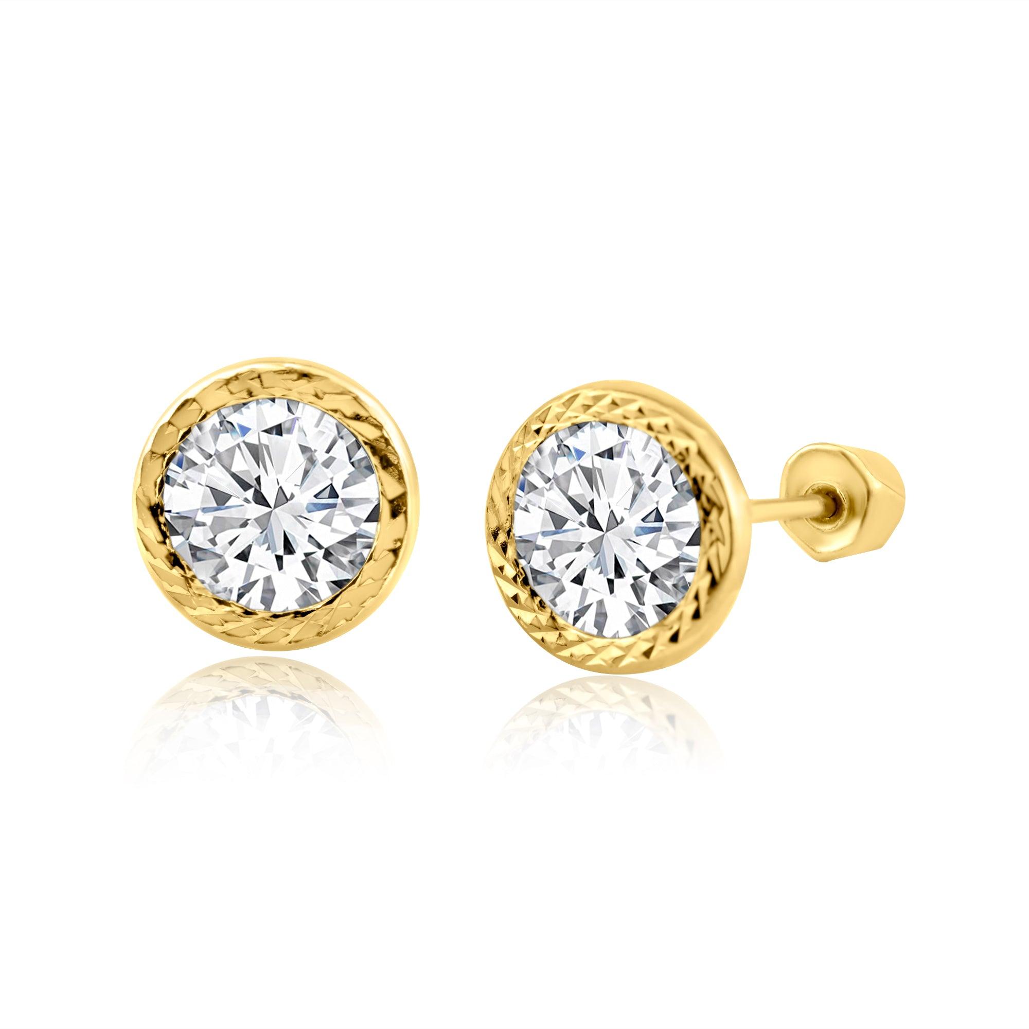 14E00239. - 14 Karat Yellow Gold Clear Bezel Round Stud Screw Back Earring