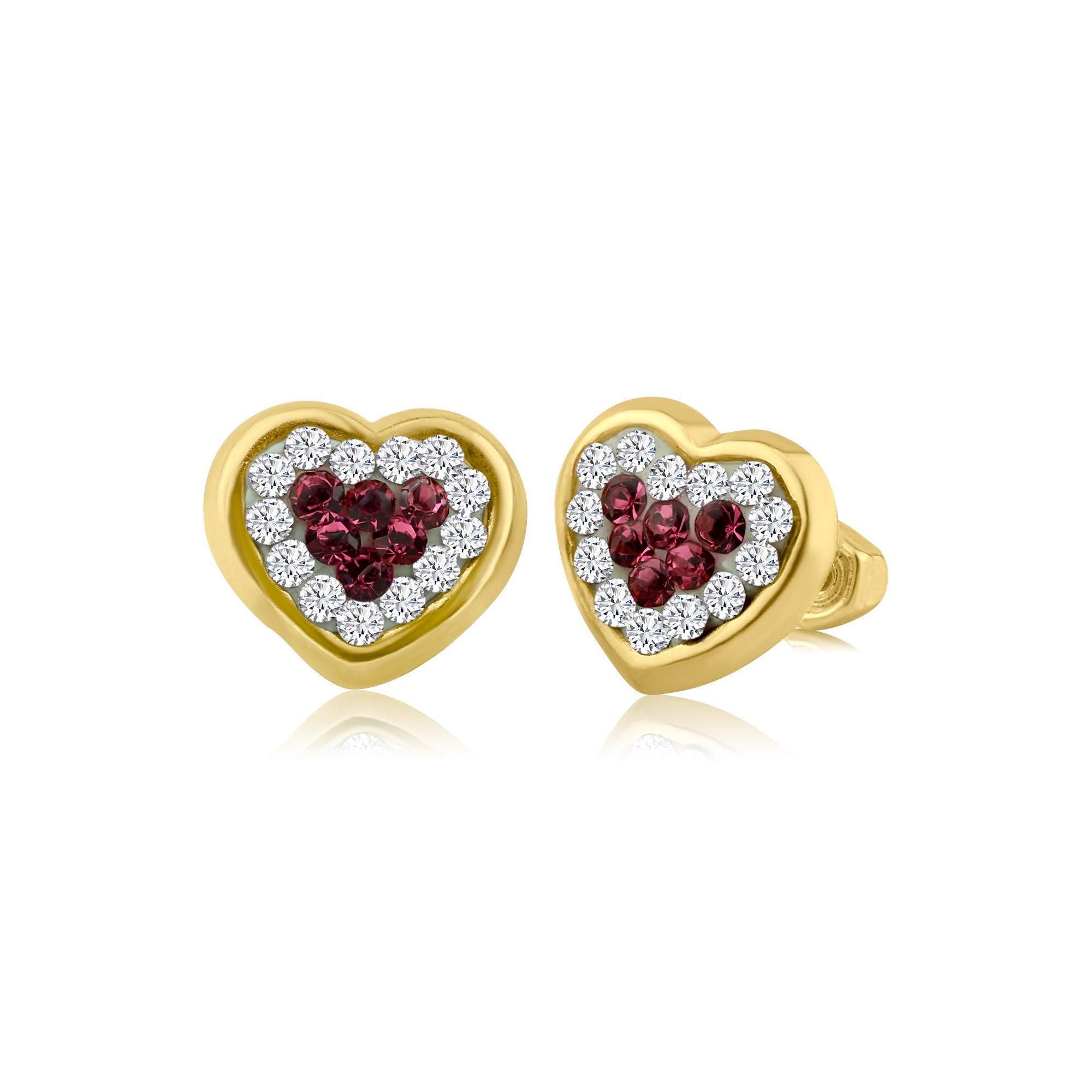 14E00244. - 14 Karat Yellow Gold Ruby Heart Stud Screw Back Earring