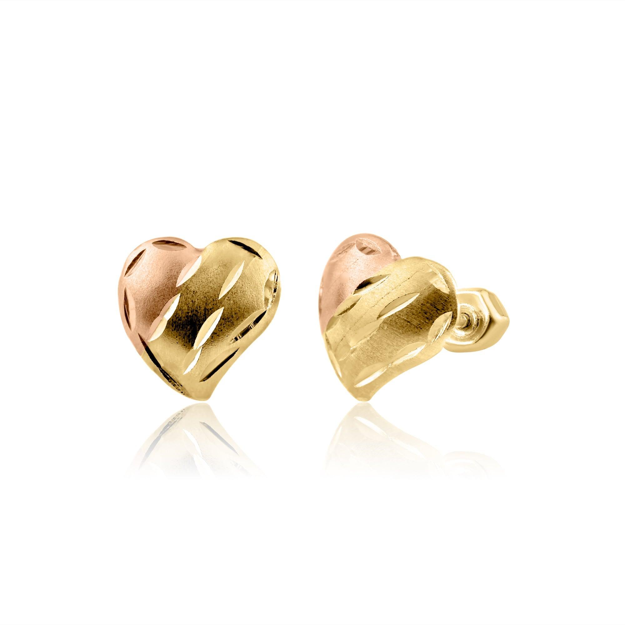 14E00248. - 14 Karat Yellow Gold 3 Toned Heart Screw Back Earring