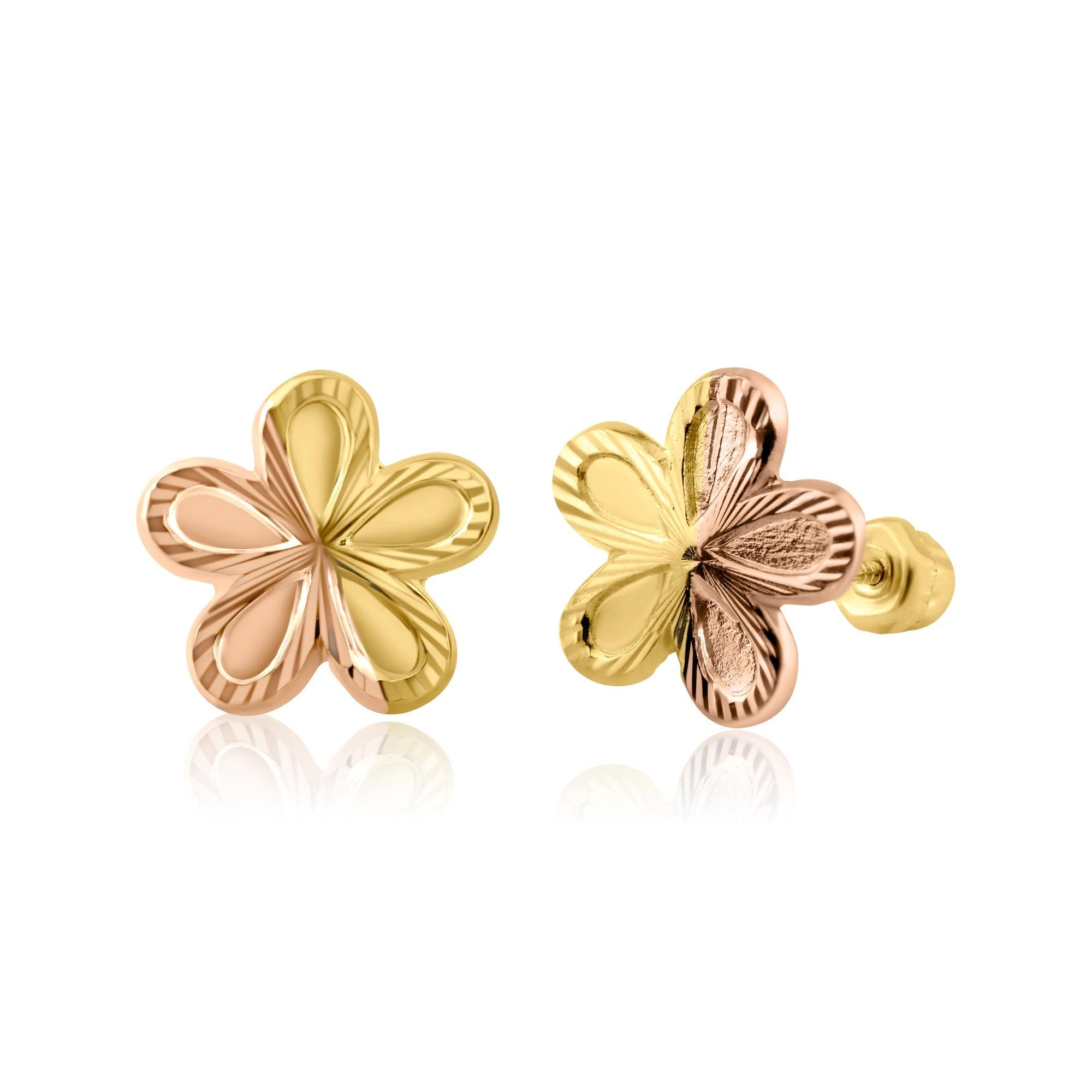 14E00250. - 14 Karat Yellow Gold Two Tone Flower Stud Screw Back Earring