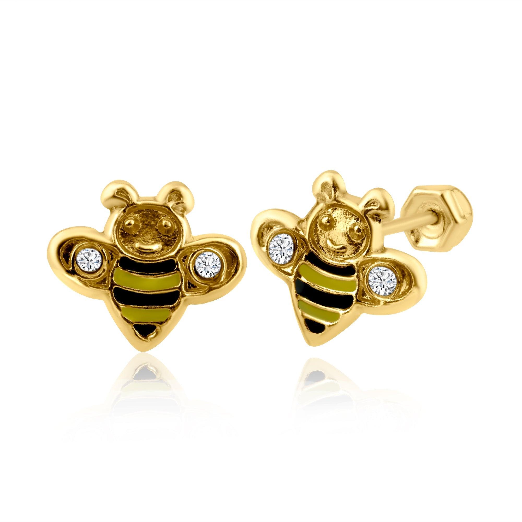 14E00252. - 14 Karat Yellow Gold Bee Stud Screw Back Earring