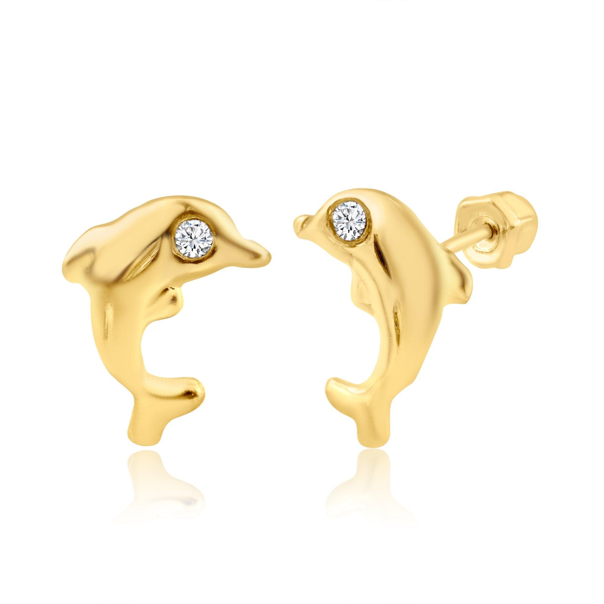 14E00254. - 14 Karat Yellow Gold Dolphin CZ Stud Screw Back Earring