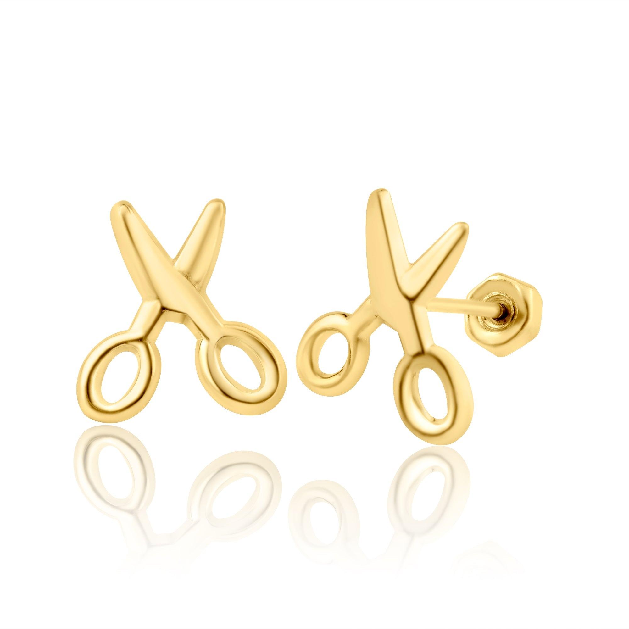 14E00257. - 14 Karat Yellow Gold Scissors Stud Screw Back Earring