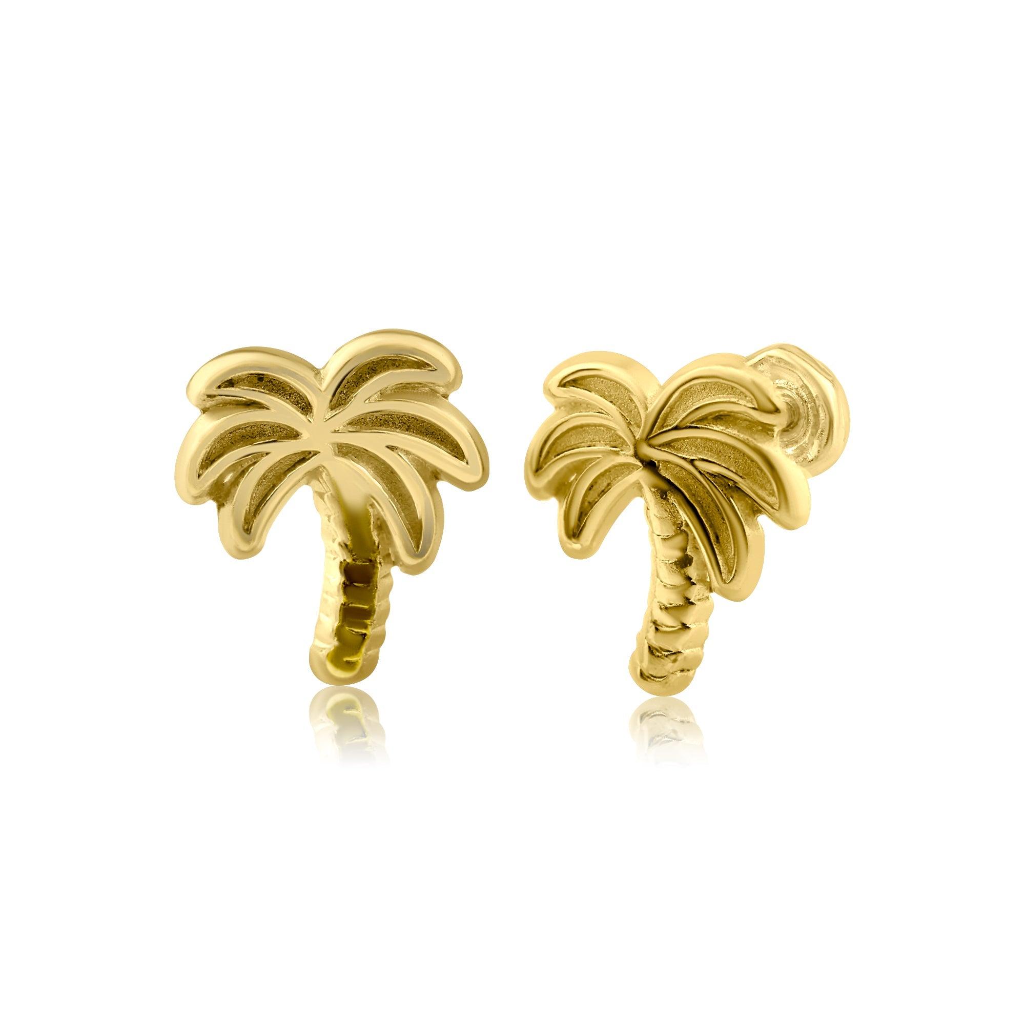 14E00259. - 14 Karat Yellow Gold Palm Tree Stud Screw Back Earring