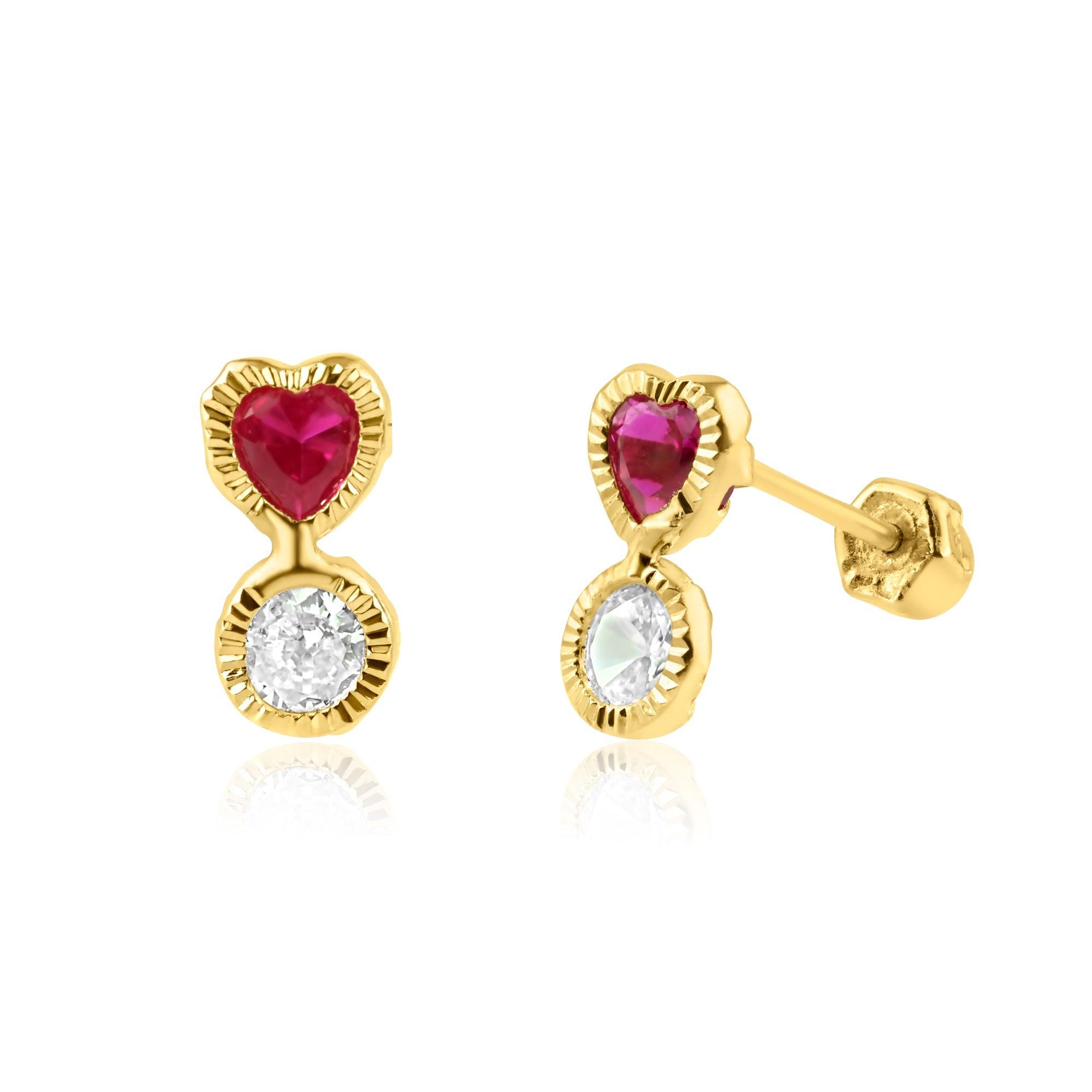 14E00260. - 14 Karat Yellow Gold Red and Clear CZ Dangling Screw Back Earring