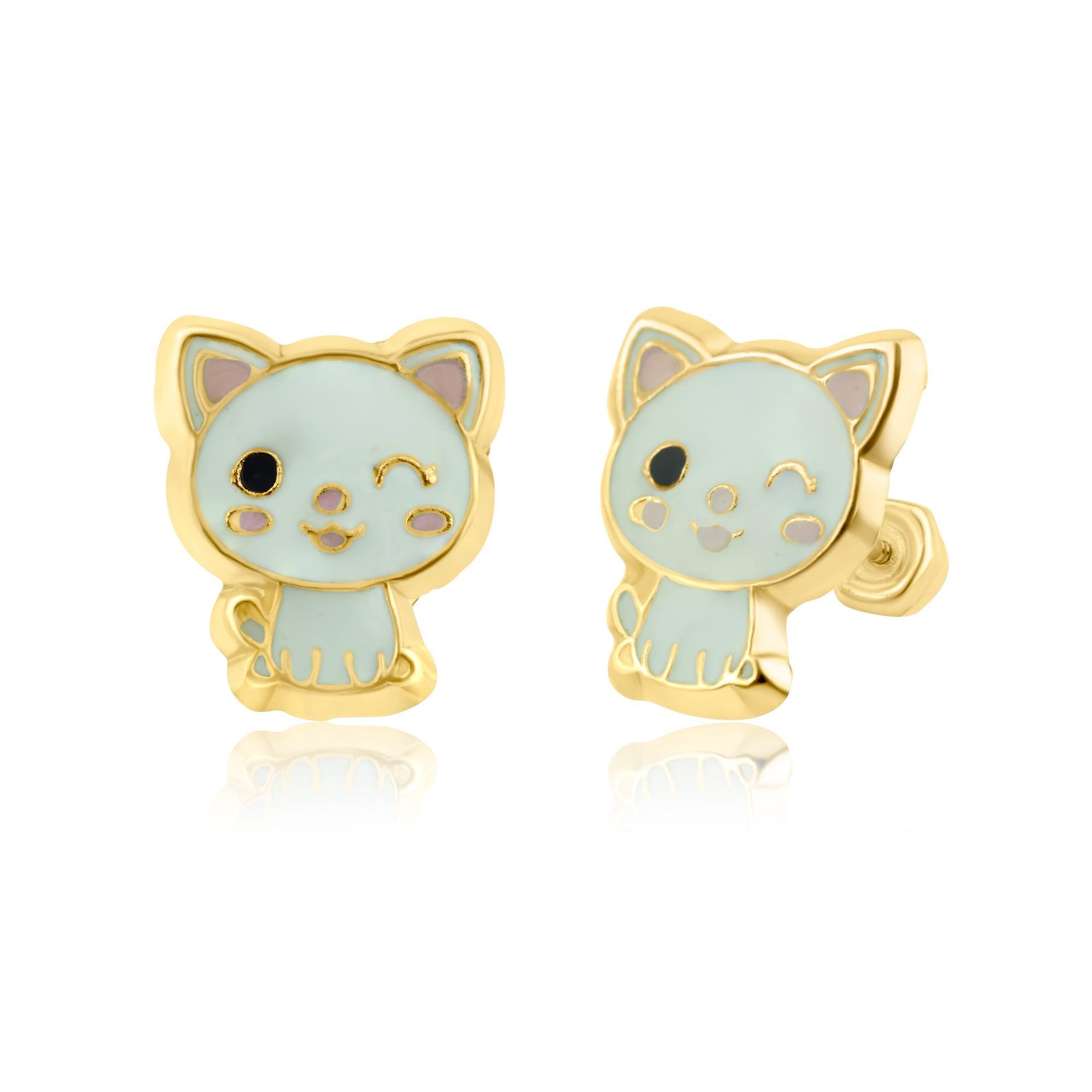 14E00261. - 14 Karat Yellow Gold Cat Stud Screw Back Earring