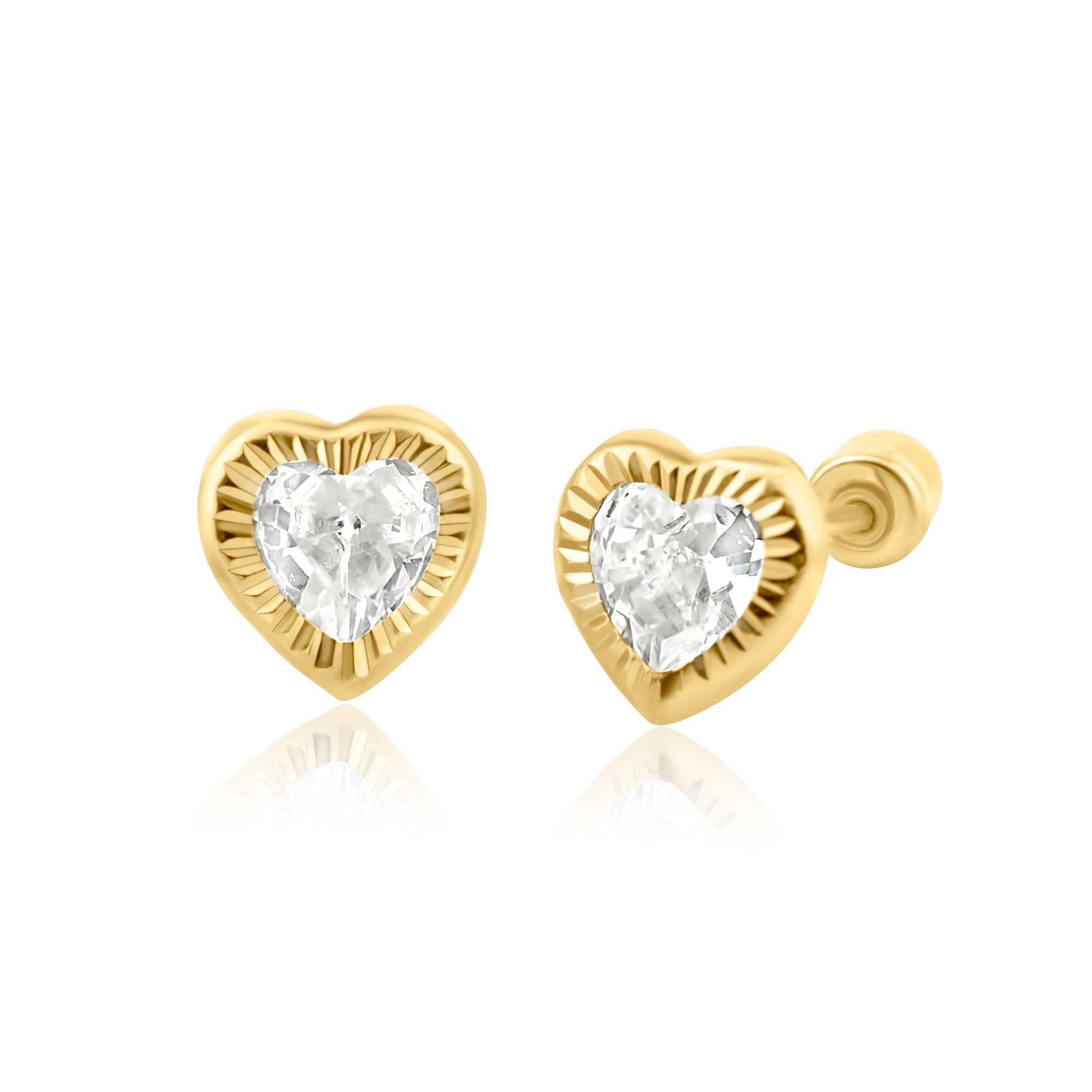 14E00268. - 14 Karat Yellow Gold Diamond Cut Heart Stud Screw Back Earring