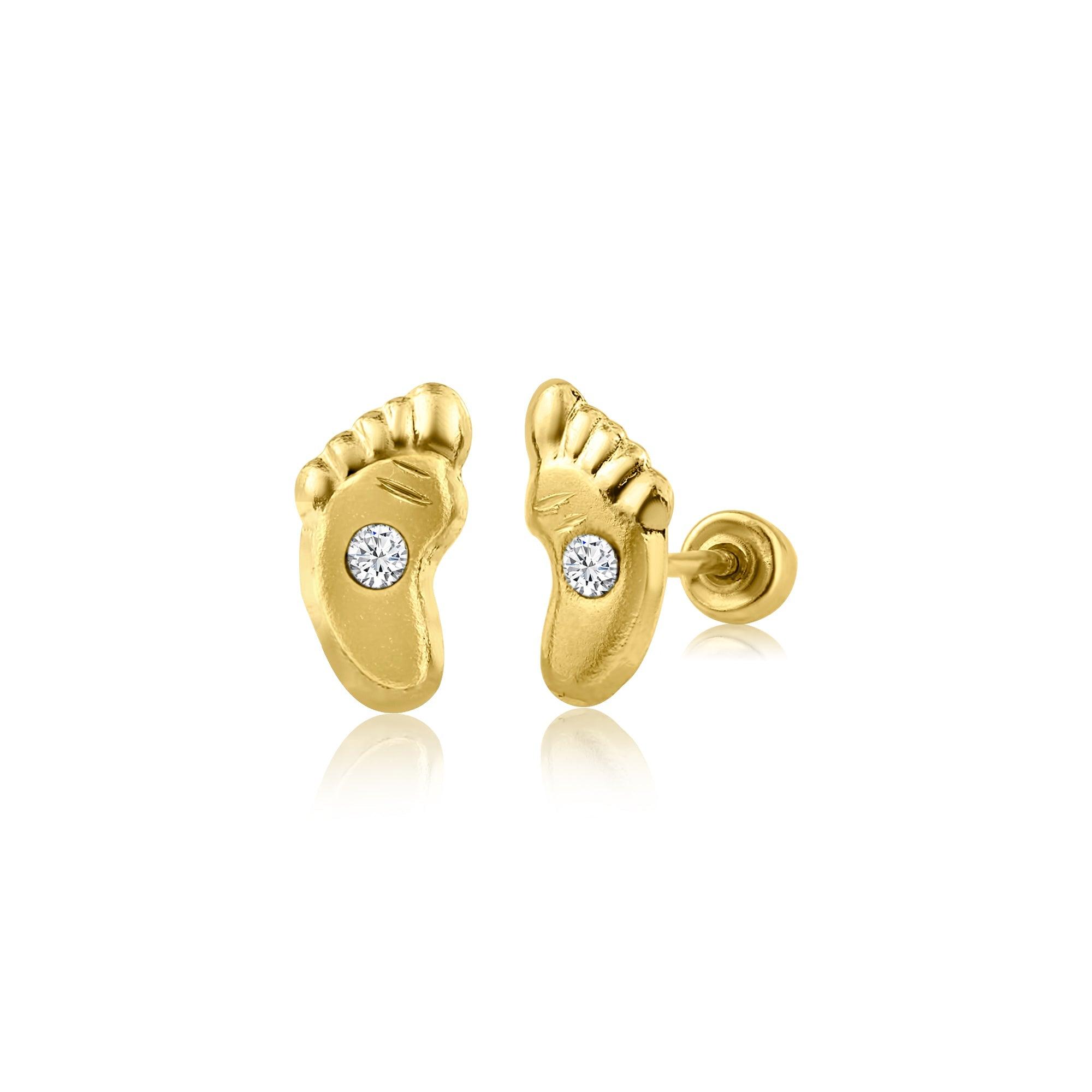 14E00274. - 14 Karat Yellow Gold Feet CZ Screw Back Earring