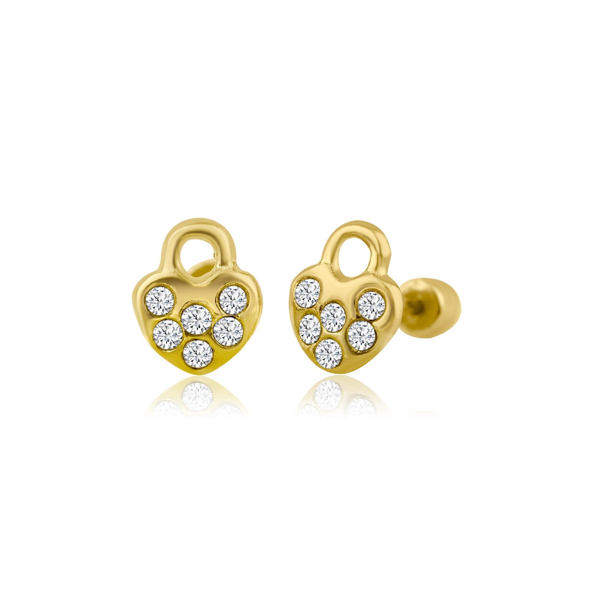 14E00277. - 14 Karat Yellow Gold Heart Lock CZ Screw Back Earring