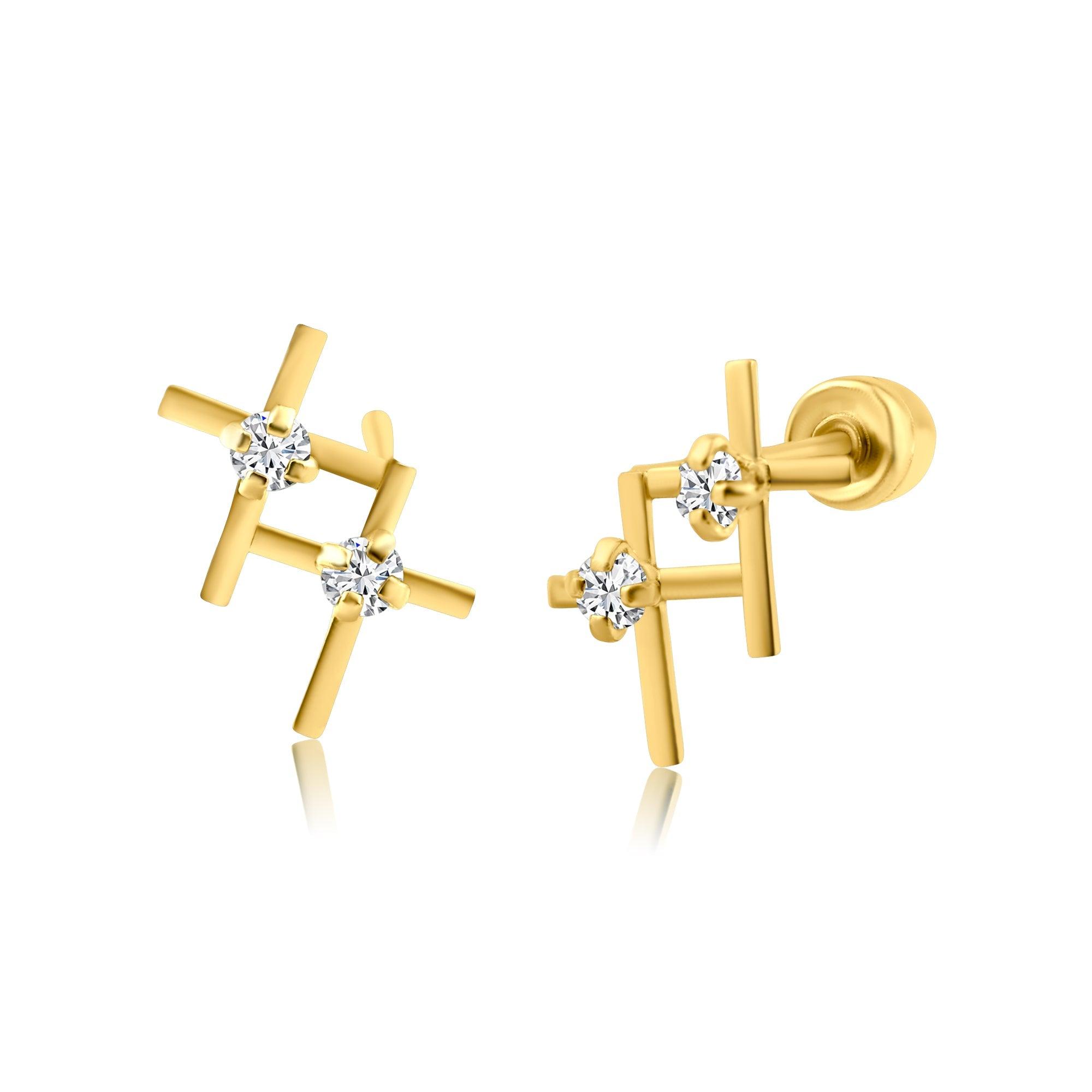 14E00278. - 14 Karat Yellow Gold Two Cross CZ Screw Back Earring