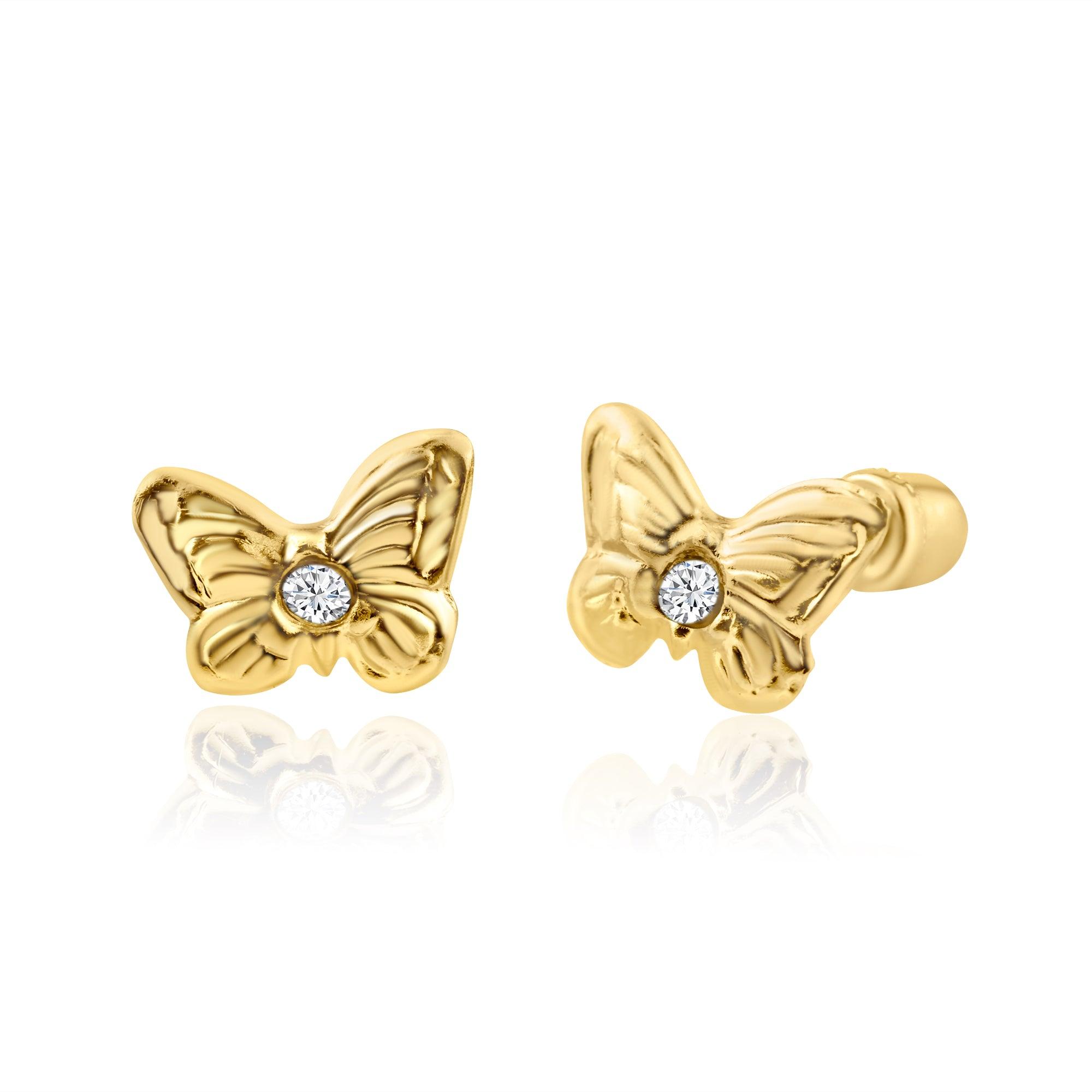 14E00281. - 14 Karat Yellow Gold Butterfly CZ Screw Back Earring