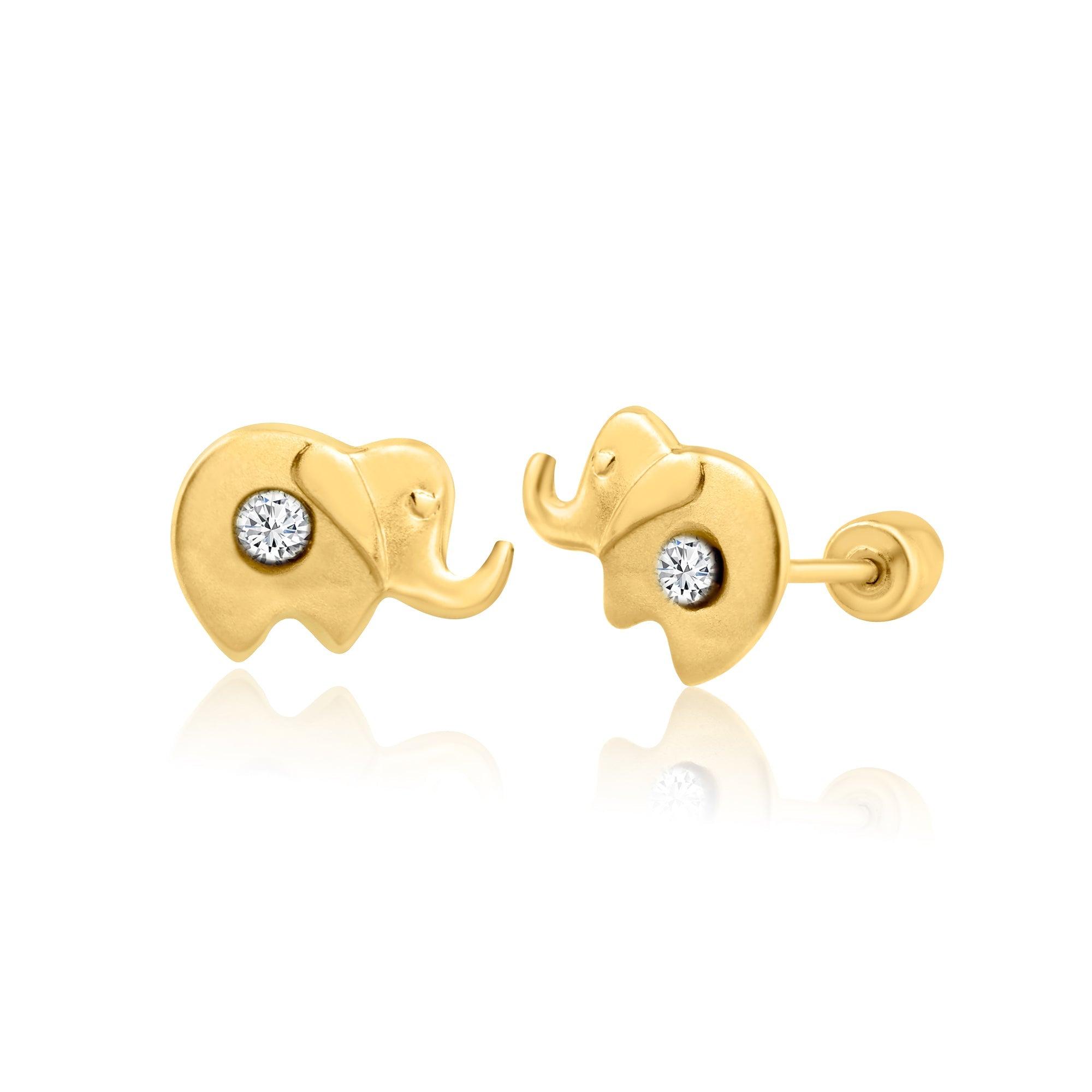 14E00284. - 14 Karat Yellow Gold Elephant CZ  Screw Back Earring