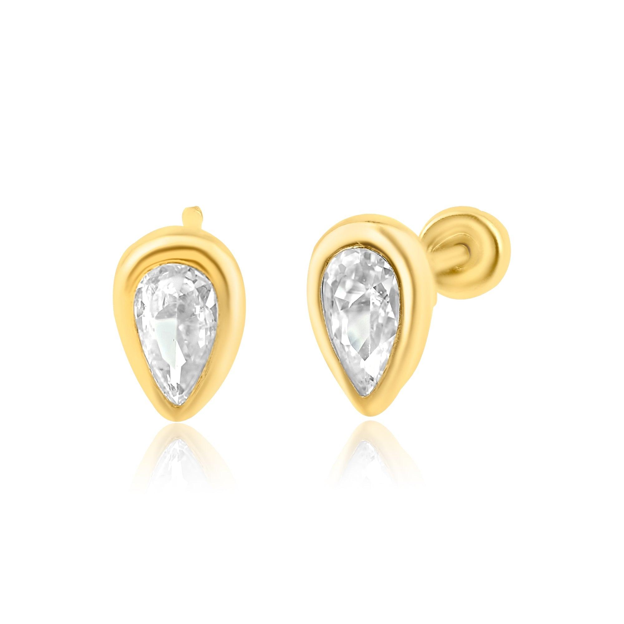 14E00289. - 14 Karat Yellow Gold Teardrop CZ Screw Back Earring