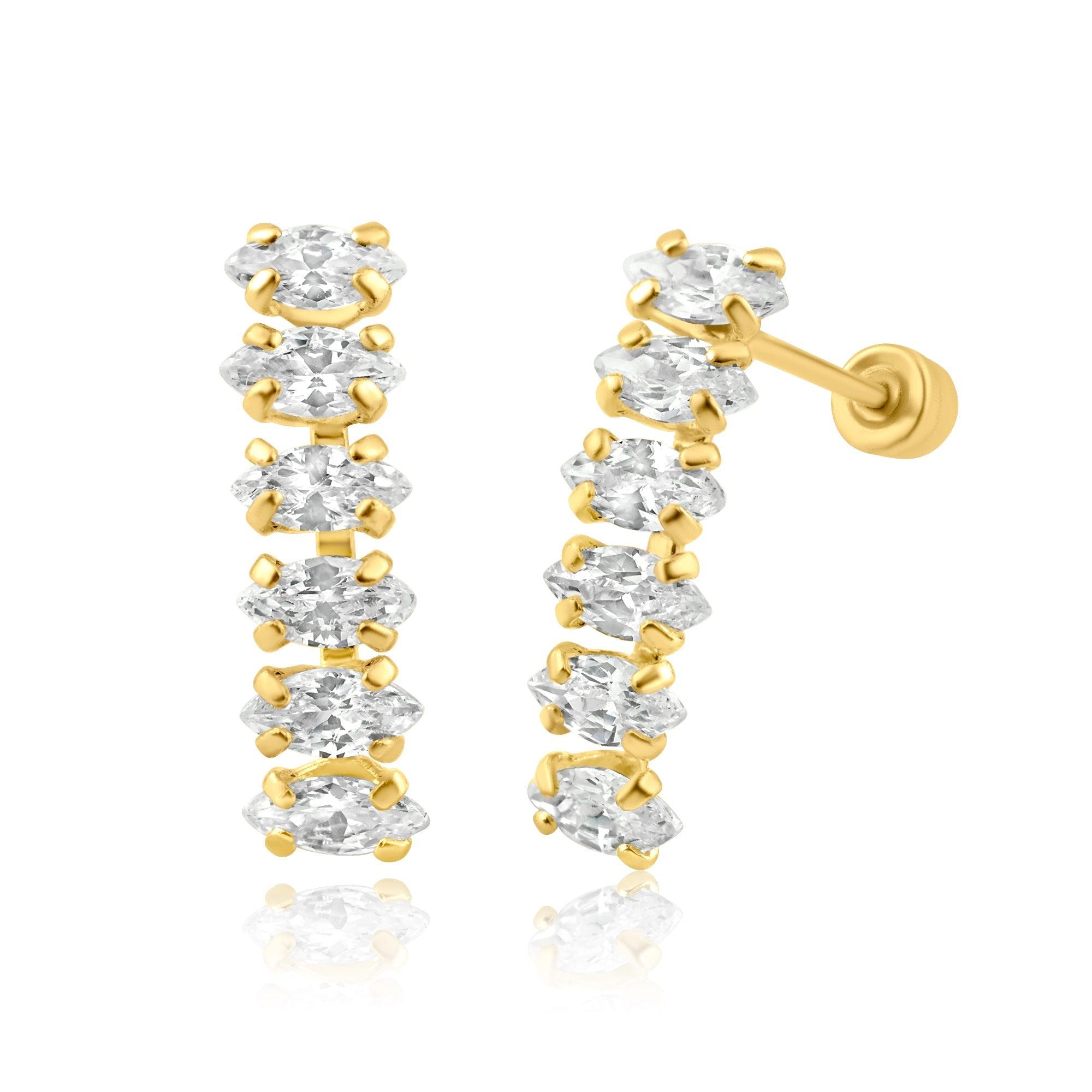 14E00290. - 14 Karat Yellow Gold Marquis CZ Screw Back Earring