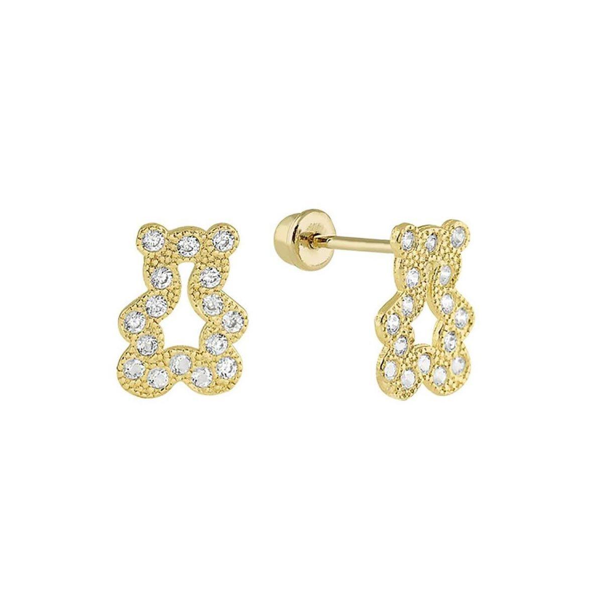 14E00291. - 14 Karat Yellow Gold Outline CZ Bear Screw Back Stud Earring