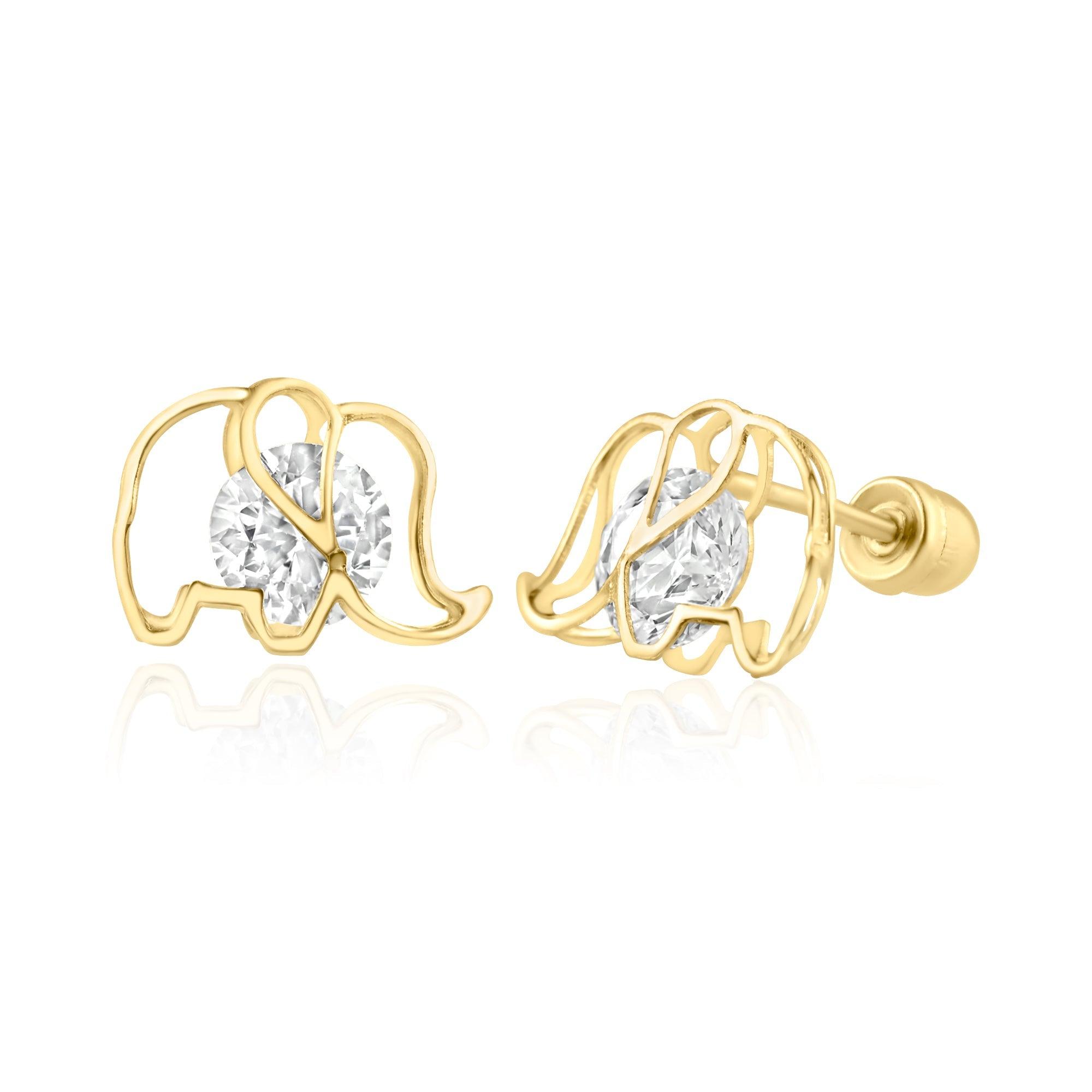 14E00295. - 14 Karat Yellow Gold Elephant Silhoutte CZ Screw Back Earring