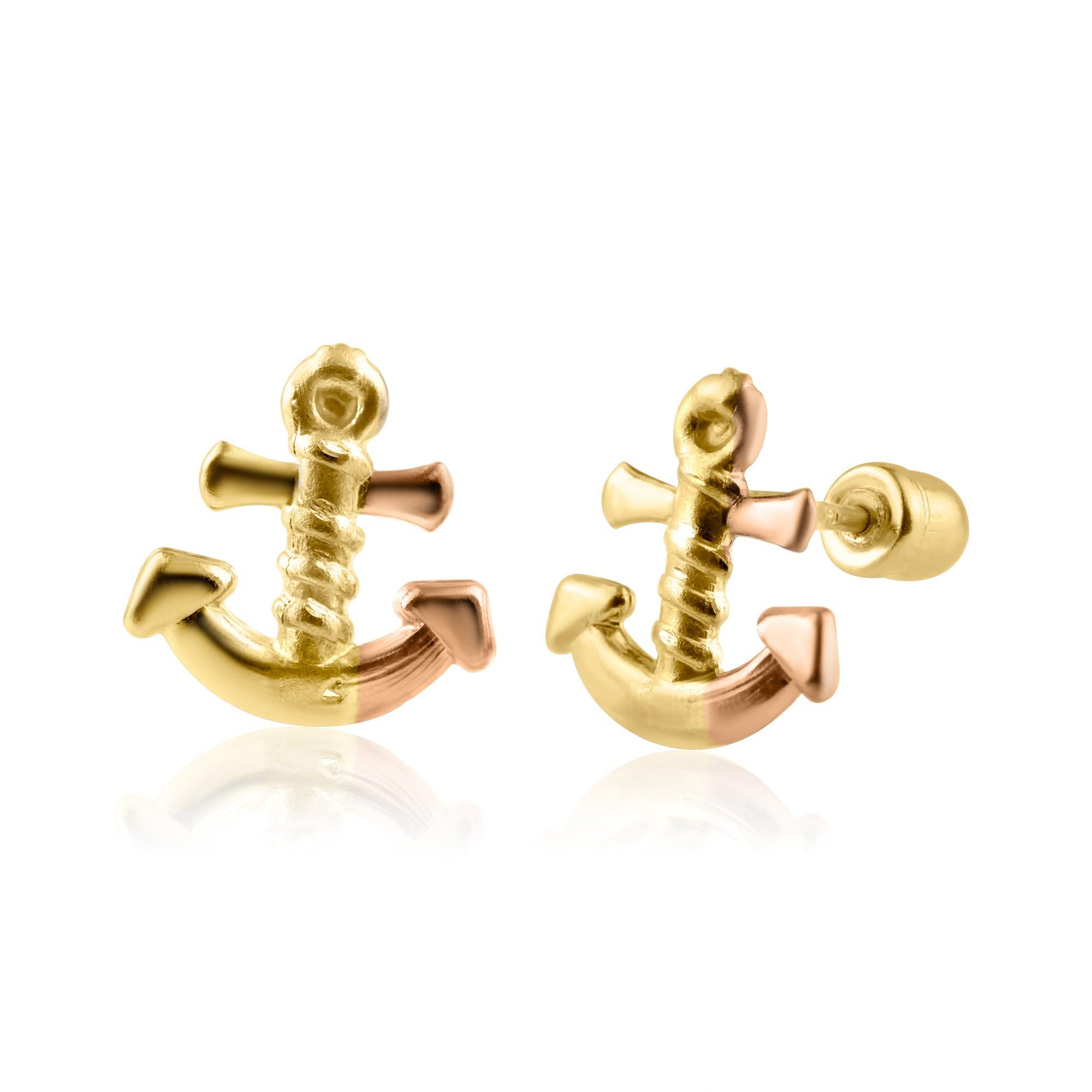 14E00300. - 14 Karat Yellow Gold Two Tone Anchor Screw Back Earring