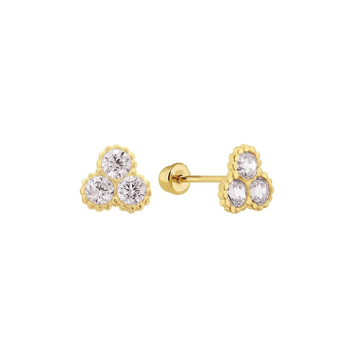 14E00302. - 14 Karat Yellow Gold 3 CZ Screw Back Stud Earring