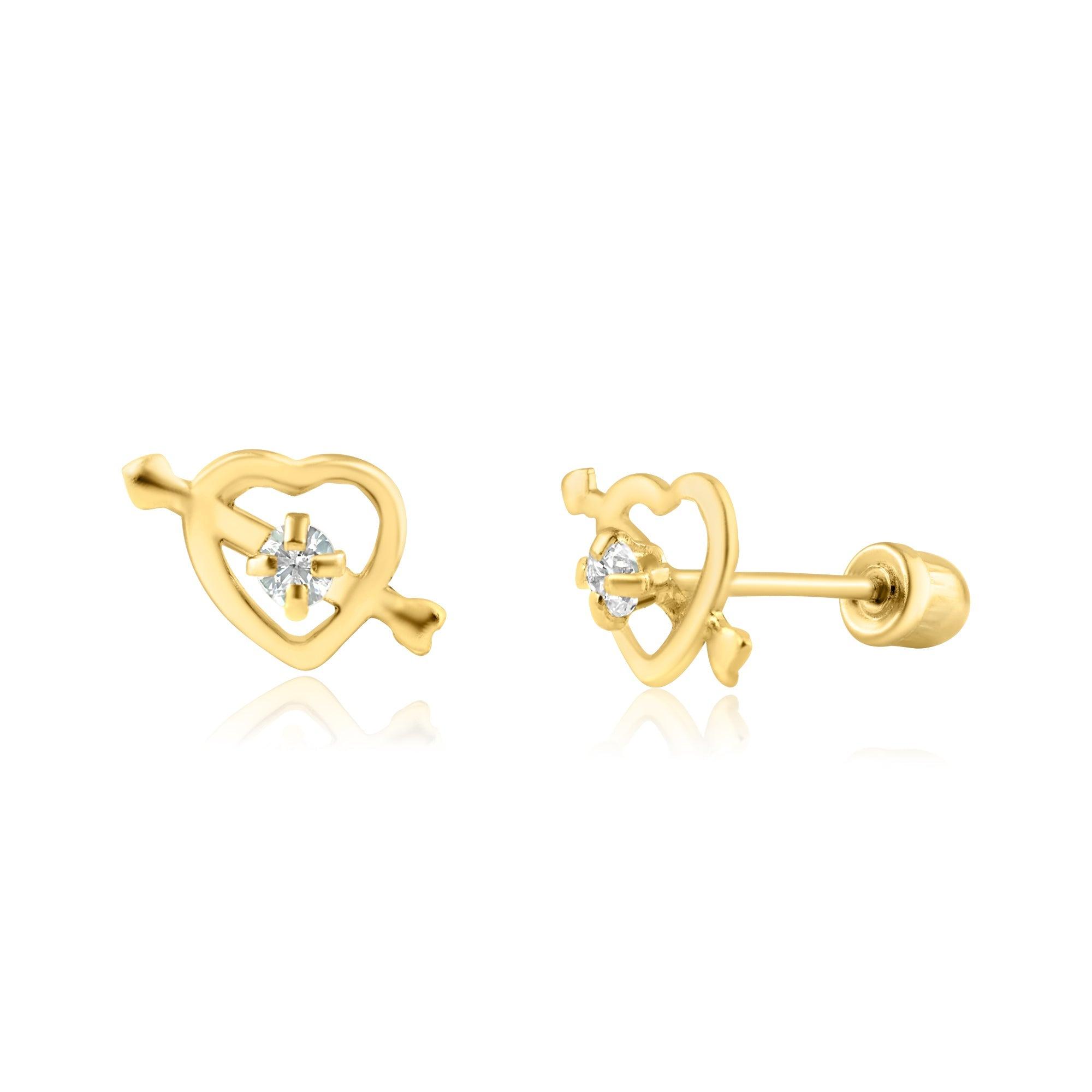 14E00304. - 14 Karat Yellow Gold Cupid Heart CZ Screw Back Earring