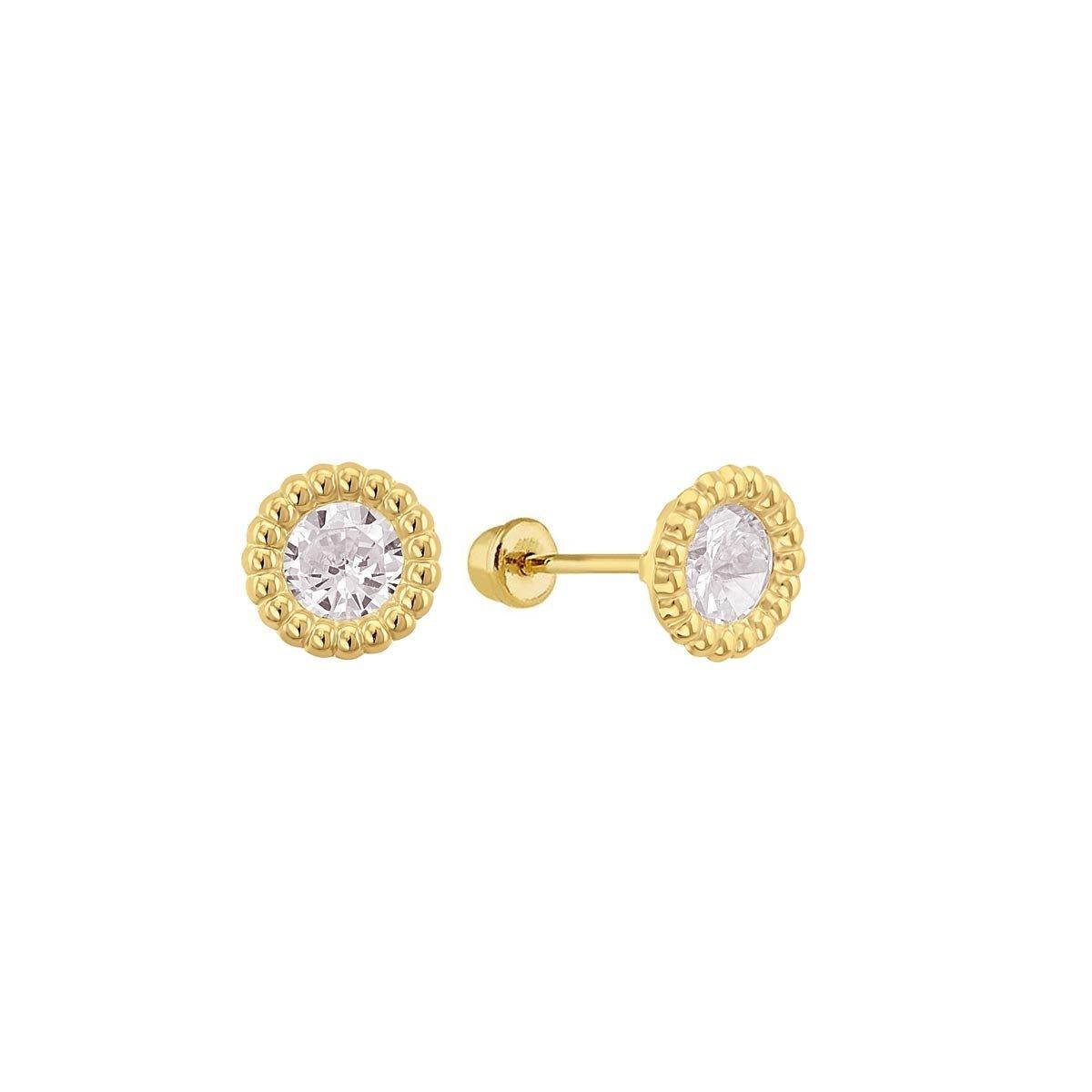 14E00307. - 14 Karat Yellow Gold Outline CZ Round Screw Back Stud Earring