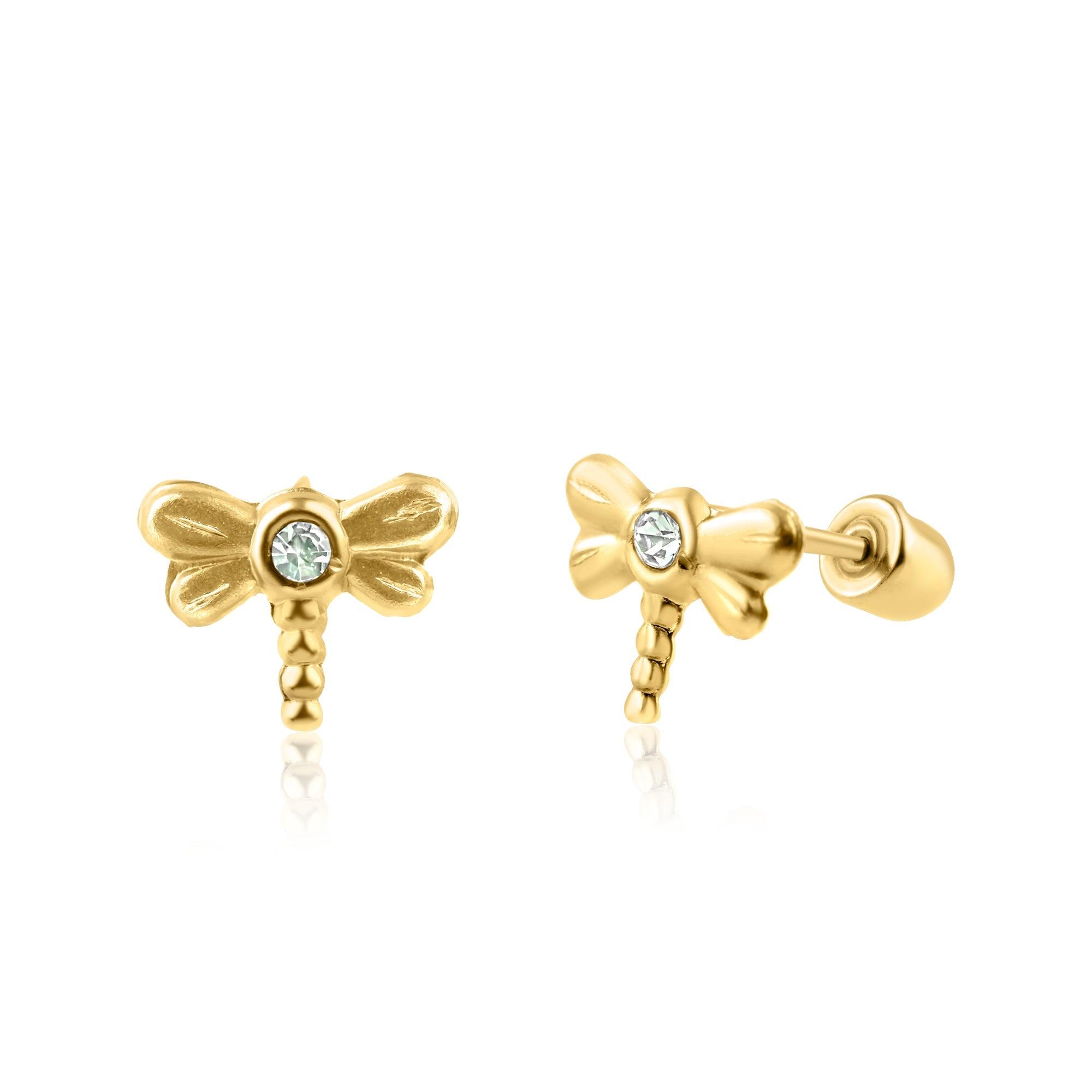 14E00308. - 14 Karat Yellow Gold Dragonfly CZ Screw Back Earring