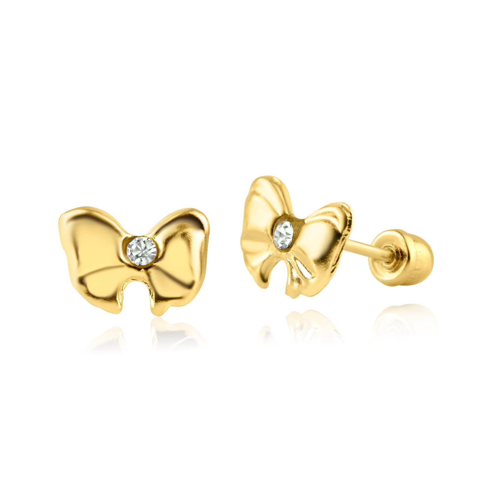 14E00309. - 14 Karat Yellow Gold Bow CZ Screw Back Earring