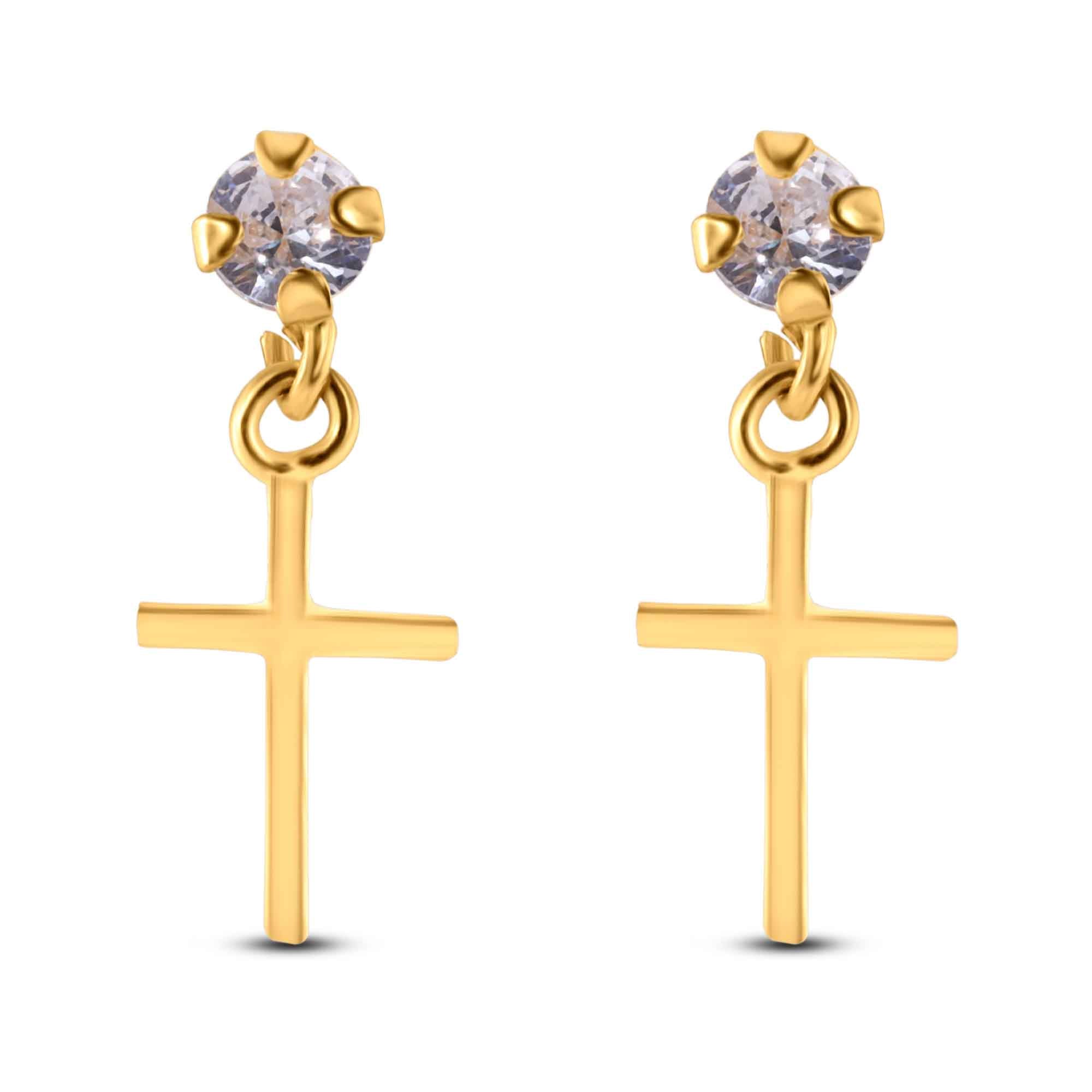 14E00350. - 14 Karat Yellow Dangling Cross Clear CZ Screw Back Earrings