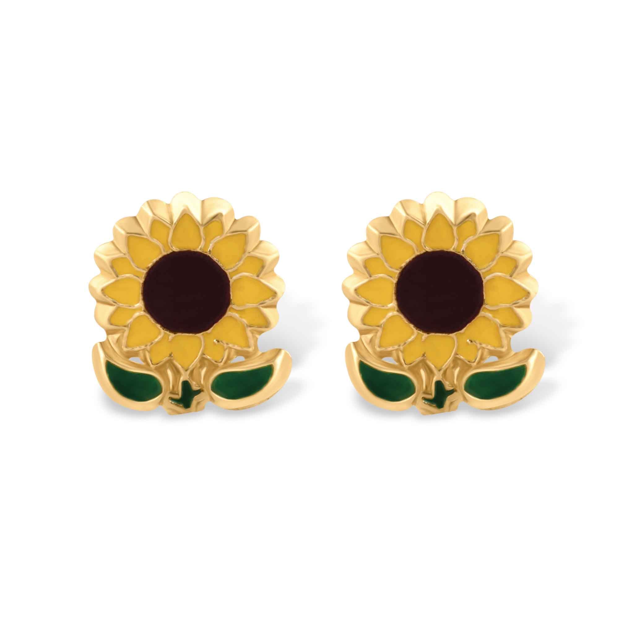 14E00425. - 14 Karat Yellow Gold Sunflower Screw Back Earrings