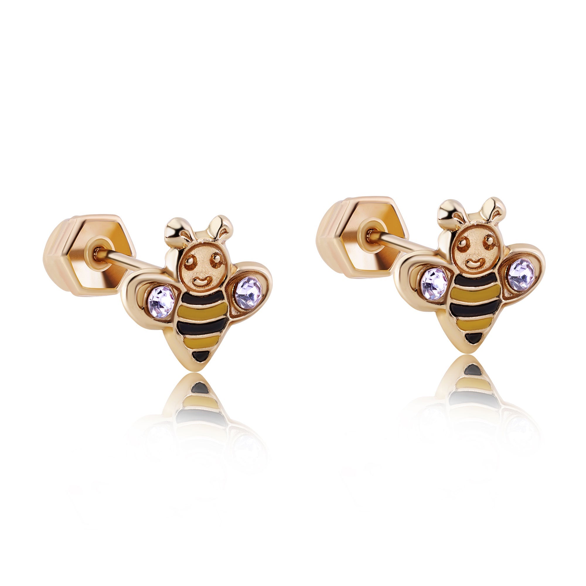 14E00432. - 14 Karat Yellow Bee Black and Yellow Enamel Clear CZ Screw Back Earrings