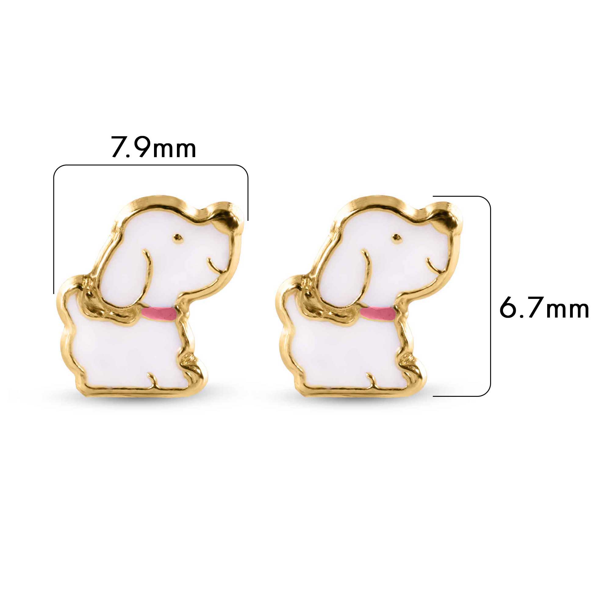 14E00433. - 14 Karat Dog White Enamel Pink Leash Screw Back Earrings