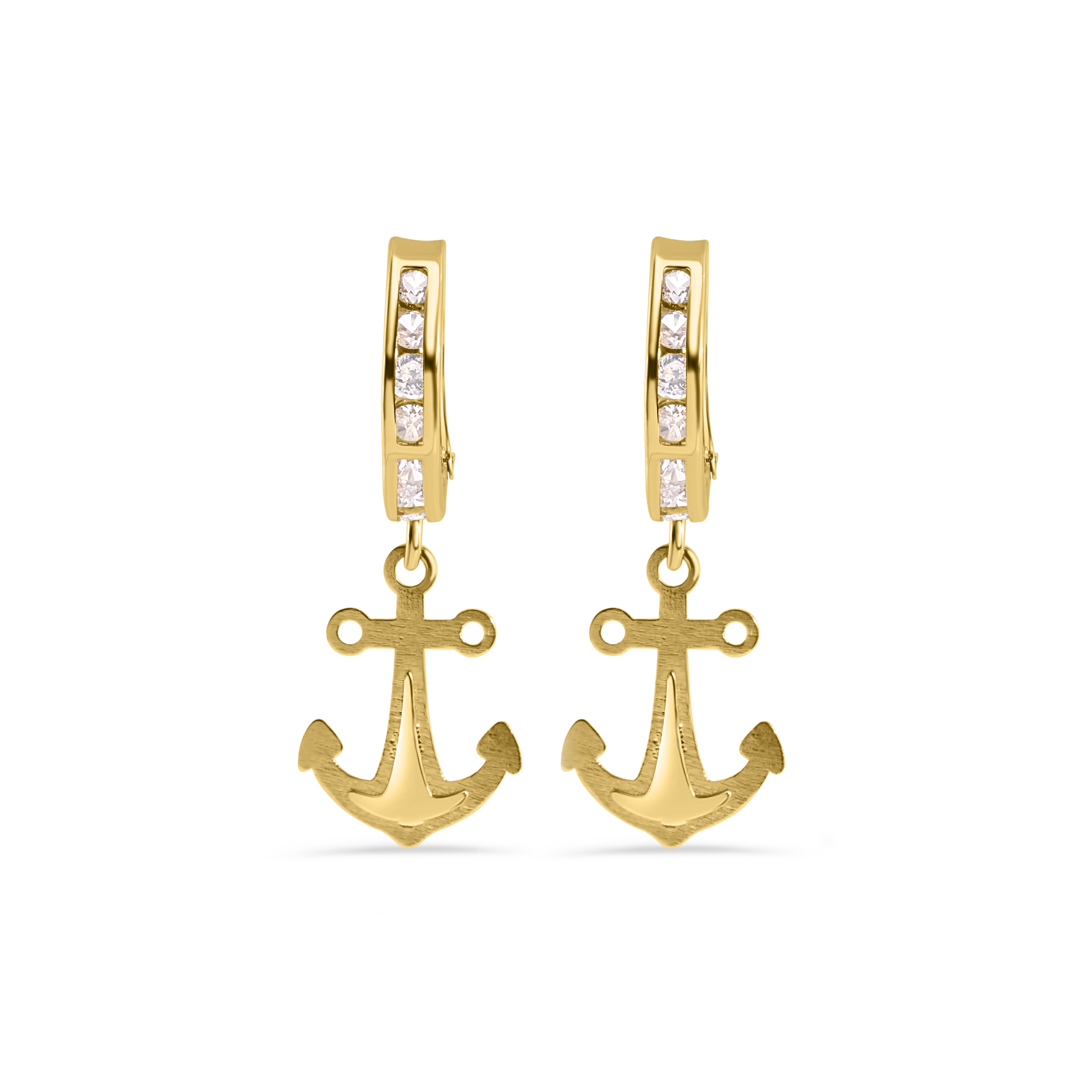 14E00451. - 14 Karat Yellow Gold 12.2mm Hoop Half Studded Clear CZ Anchor Latch Box Earrings