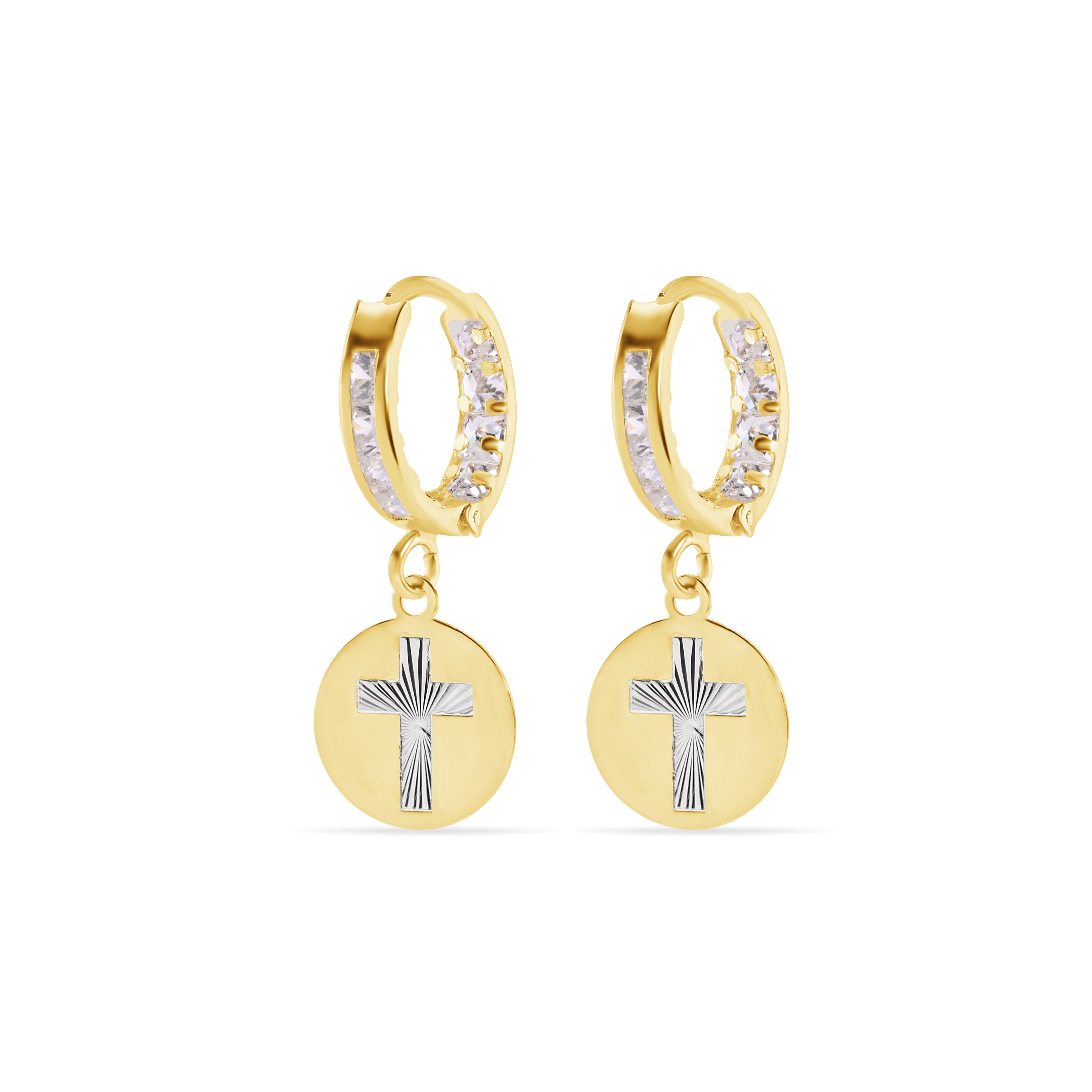 14E00454. - 14 Karat Yellow Gold 11.5mm Hoop Studded Clear CZ Diamond Cut Cross Latch Box Earrings