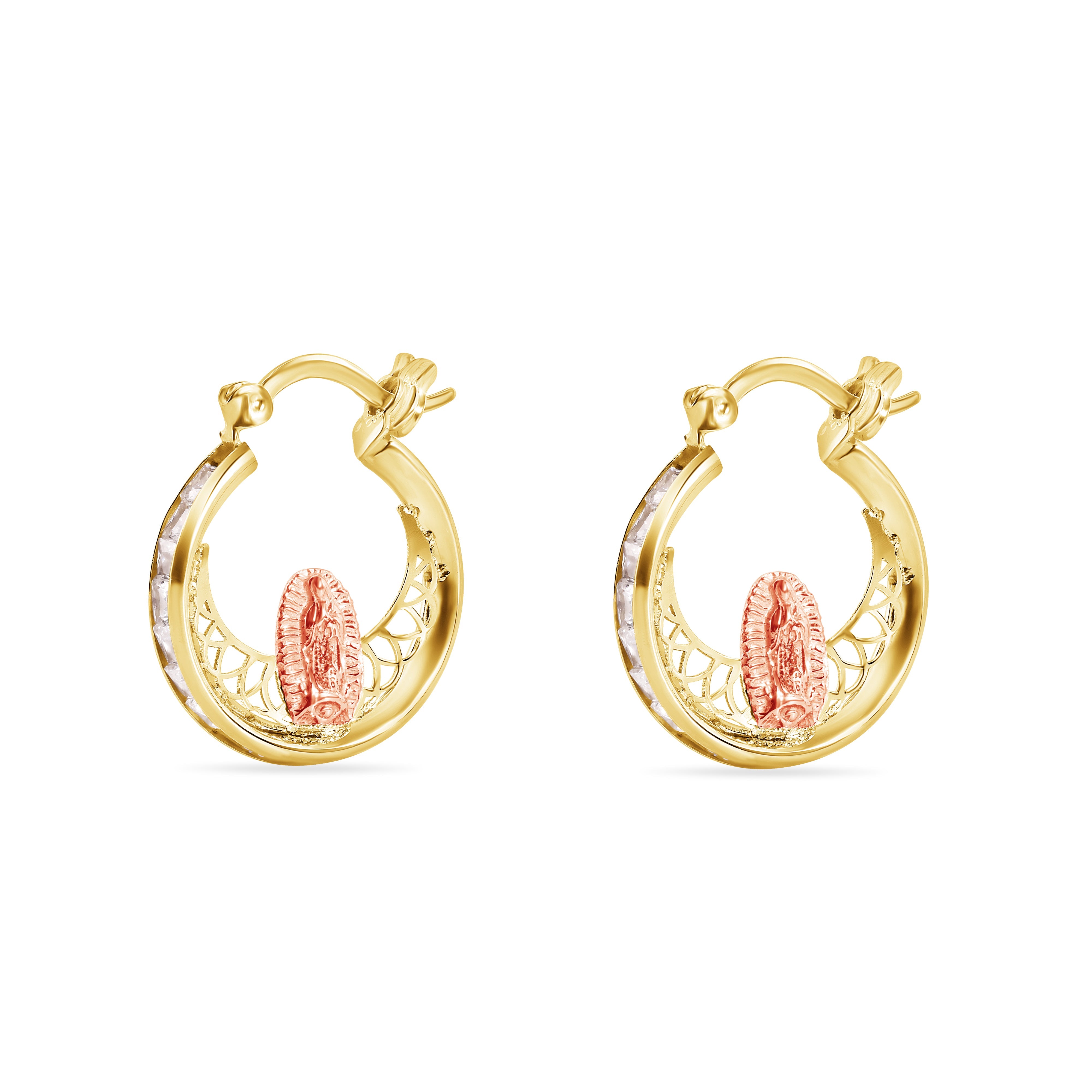 14E00456. - 14 Karat Yellow Gold 17.8mm Two Tone Hoop Studded Clear CZ Our Lady of Guadalupe Latch Box Earrings