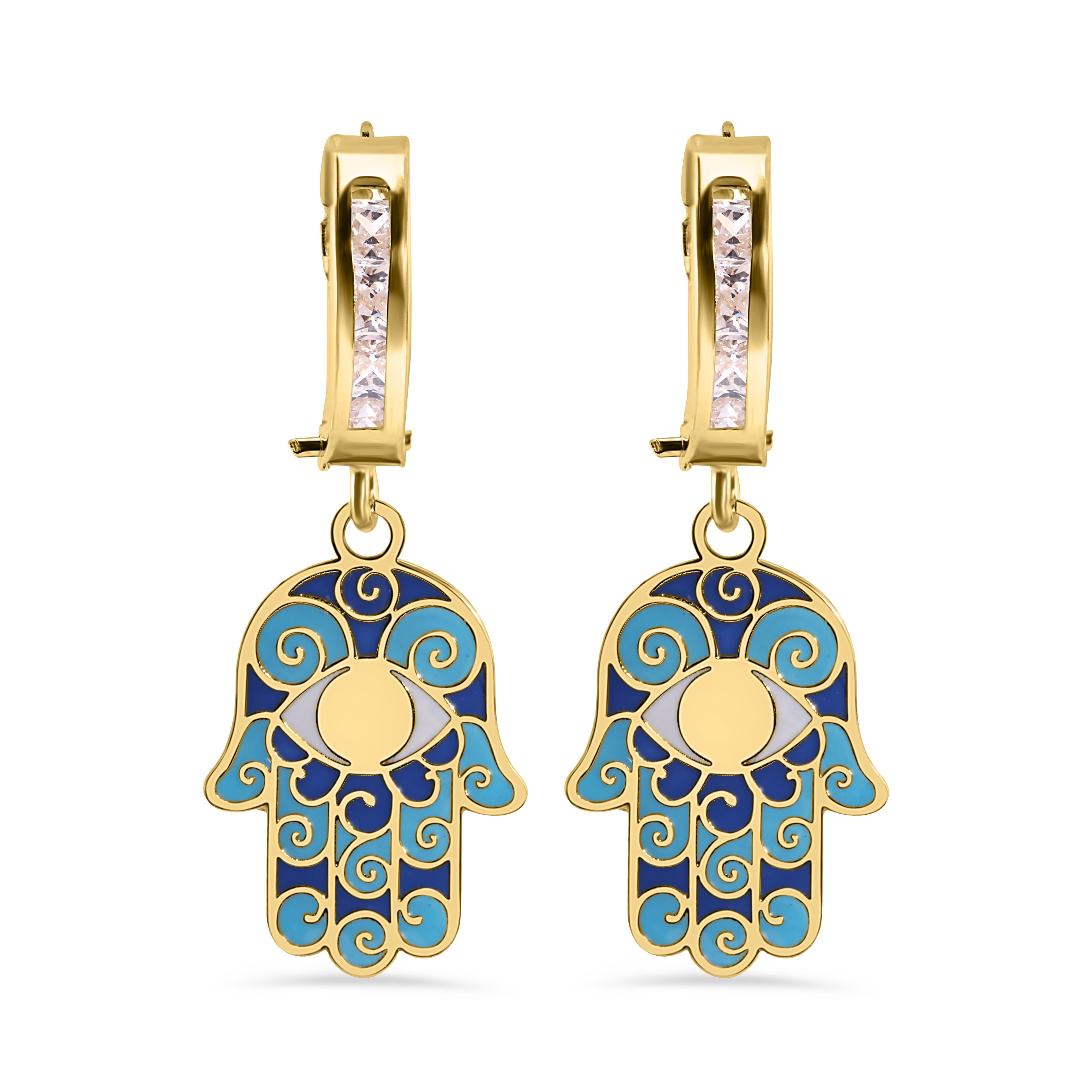 14E00459. - 14 Karat Yellow Gold 11.7mm Hoop Studded Clear CZ Enamel Hamsa Latch Box Earrings