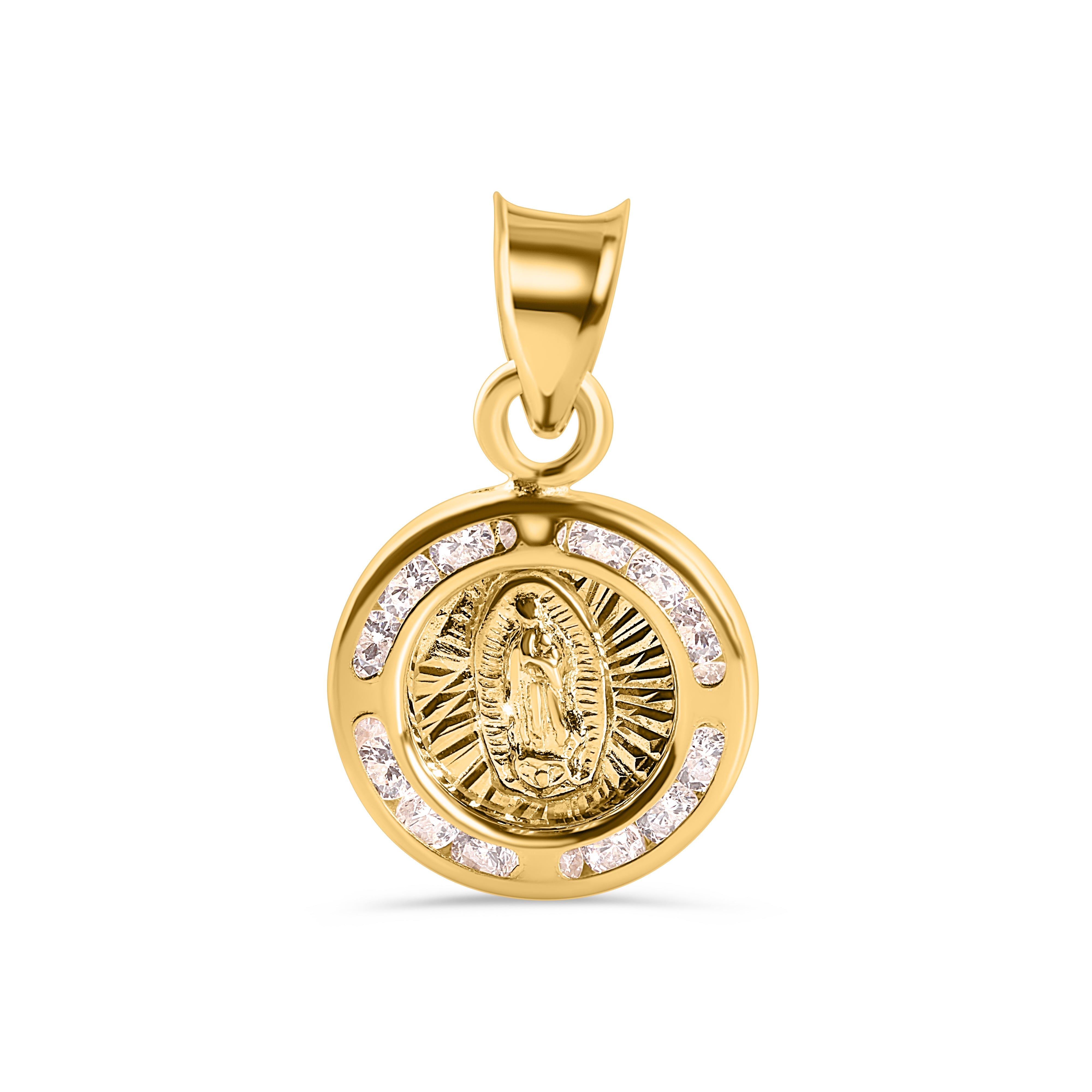 14P00124. - 14 Karat Yellow Gold Round Our Lady of Guadalupe Two Tone Diamond Cut Clear CZ 11mm Pendant