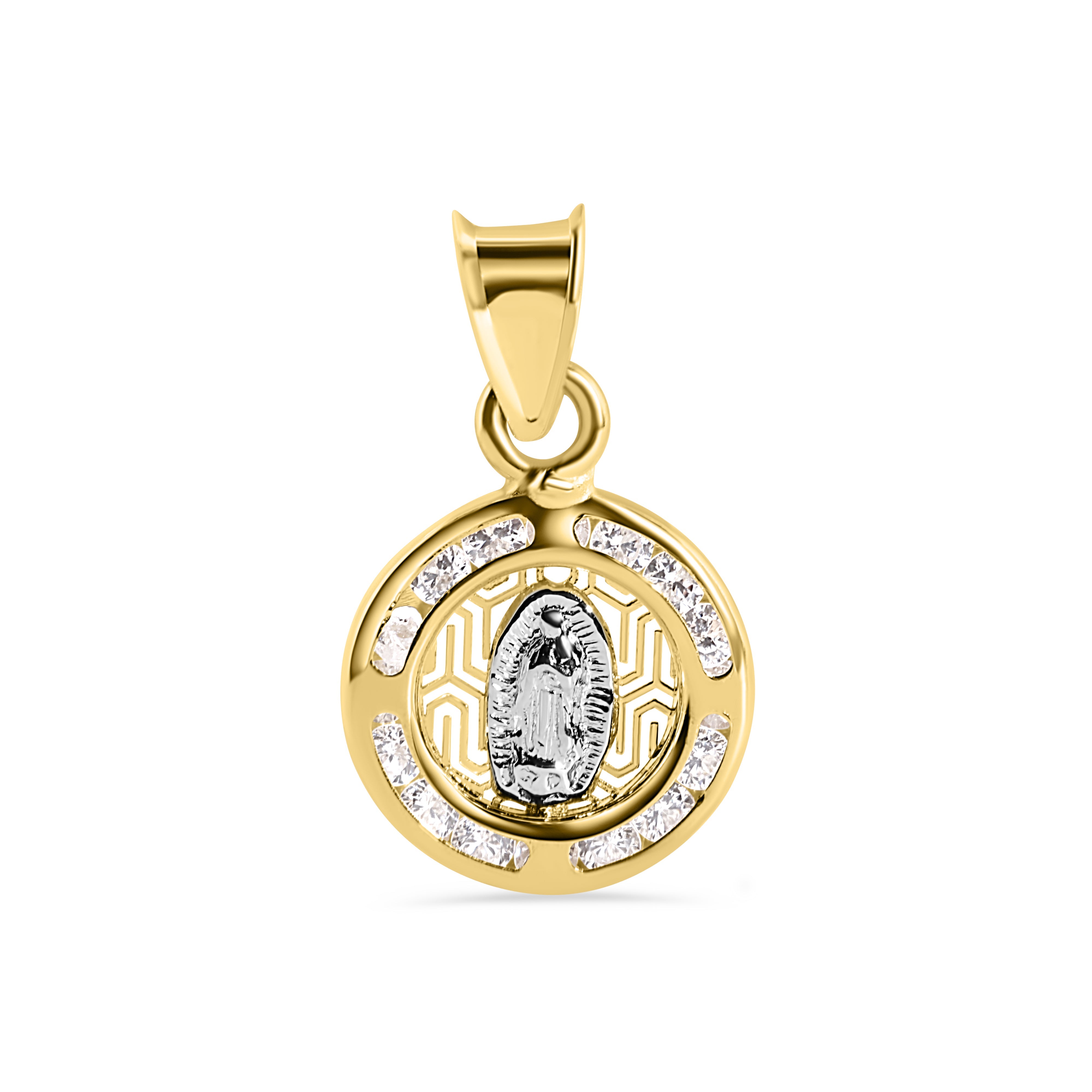 14P00127. - 14 Karat Yellow Gold Round Our Lady of Guadalupe Diamond Cut Clear CZ 11mm Pendant